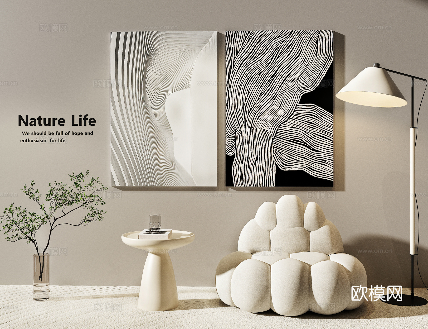 现代侘寂黑白挂画 肌理装饰画 黑白肌理抽象画 休闲沙发 网红3d模型