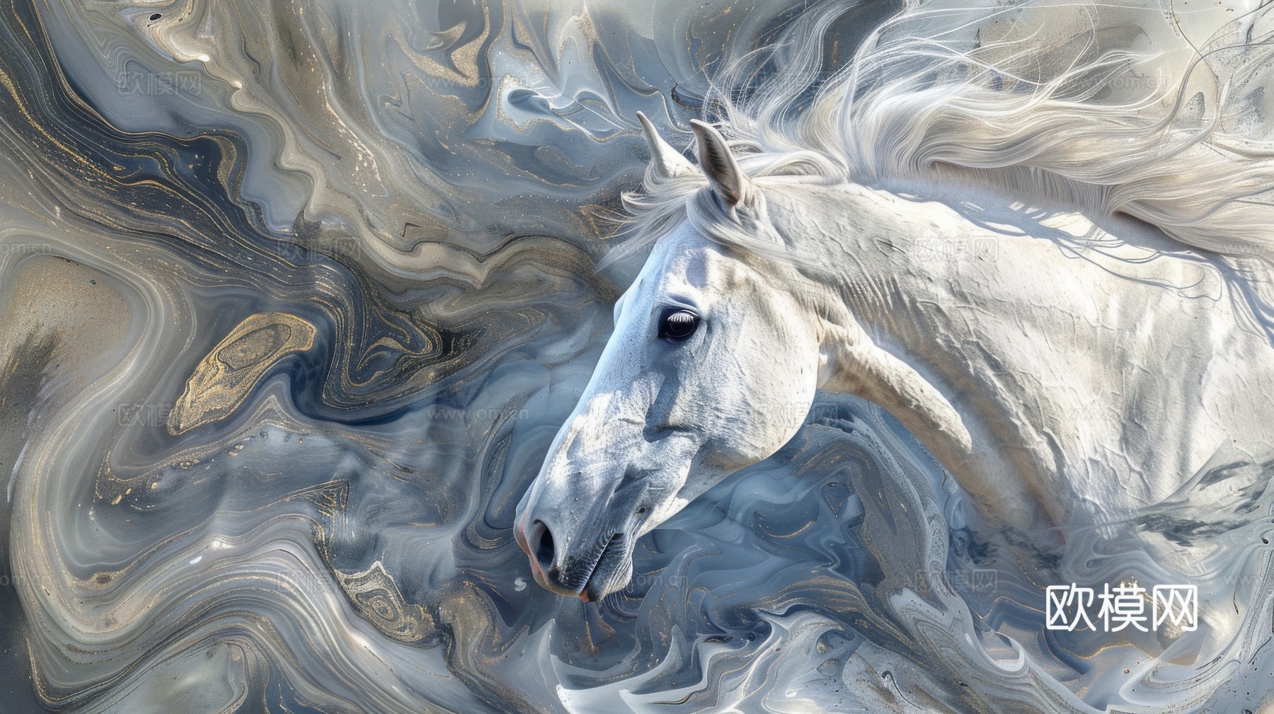 骏马肖像3D立体浮雕背景墙下载（渲染图3）