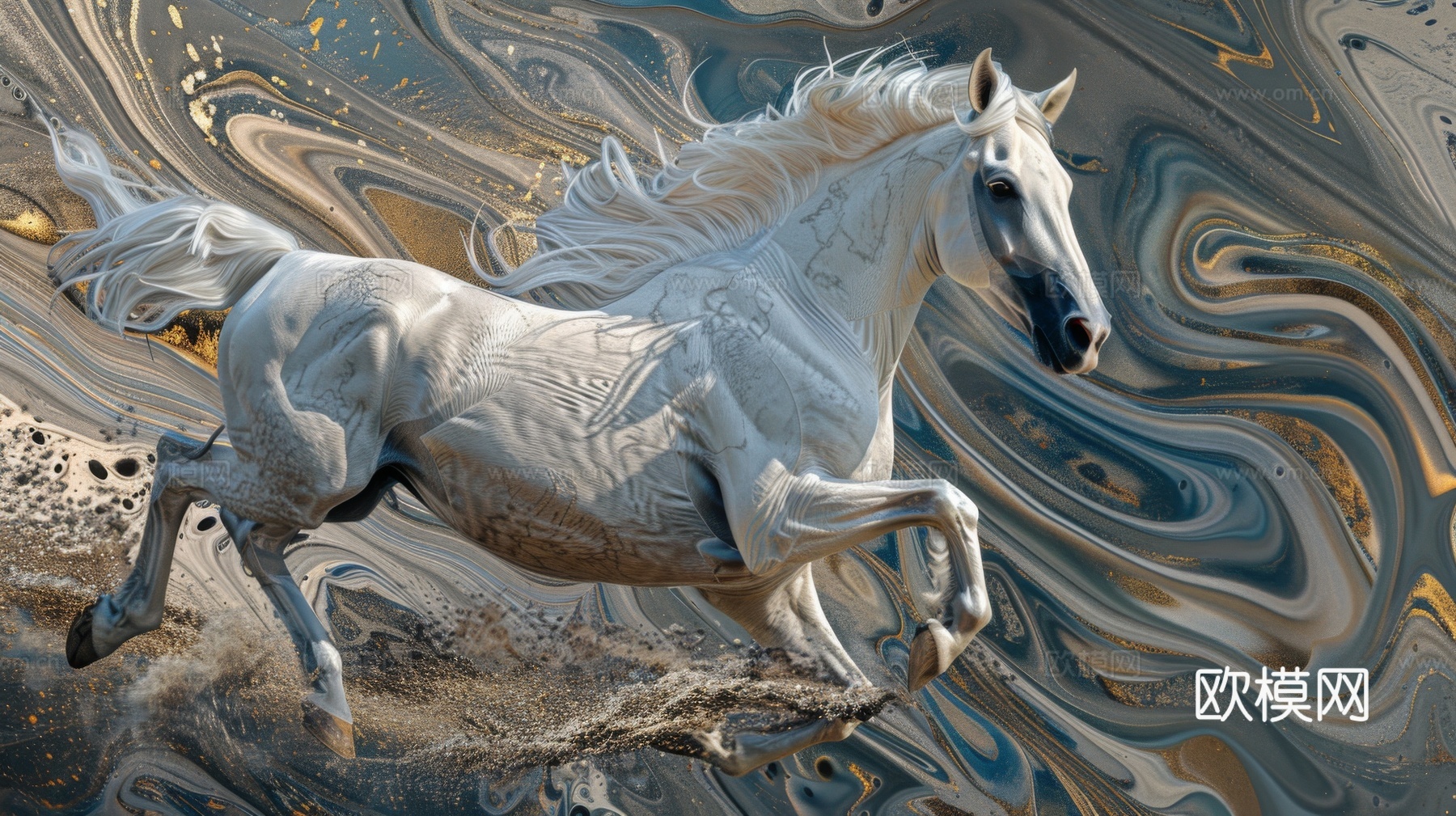 骏马肖像3D立体浮雕背景墙下载（渲染图1）
