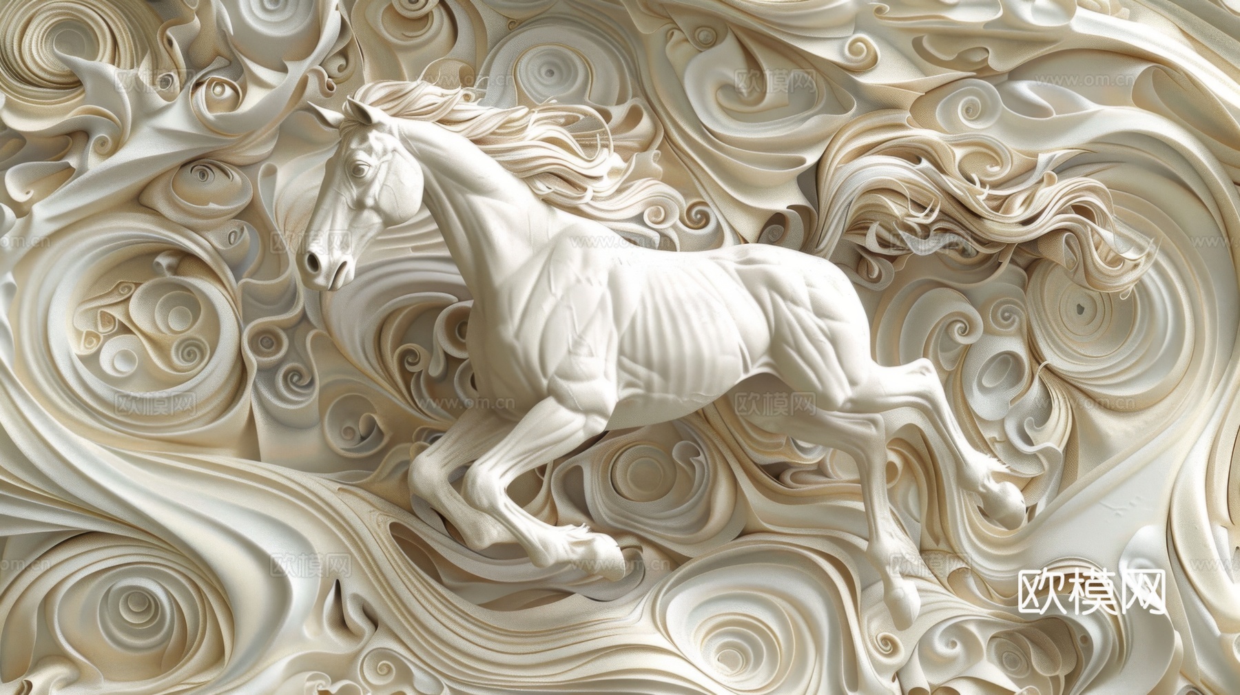 骏马肖像3D立体浮雕背景墙下载（渲染图6）