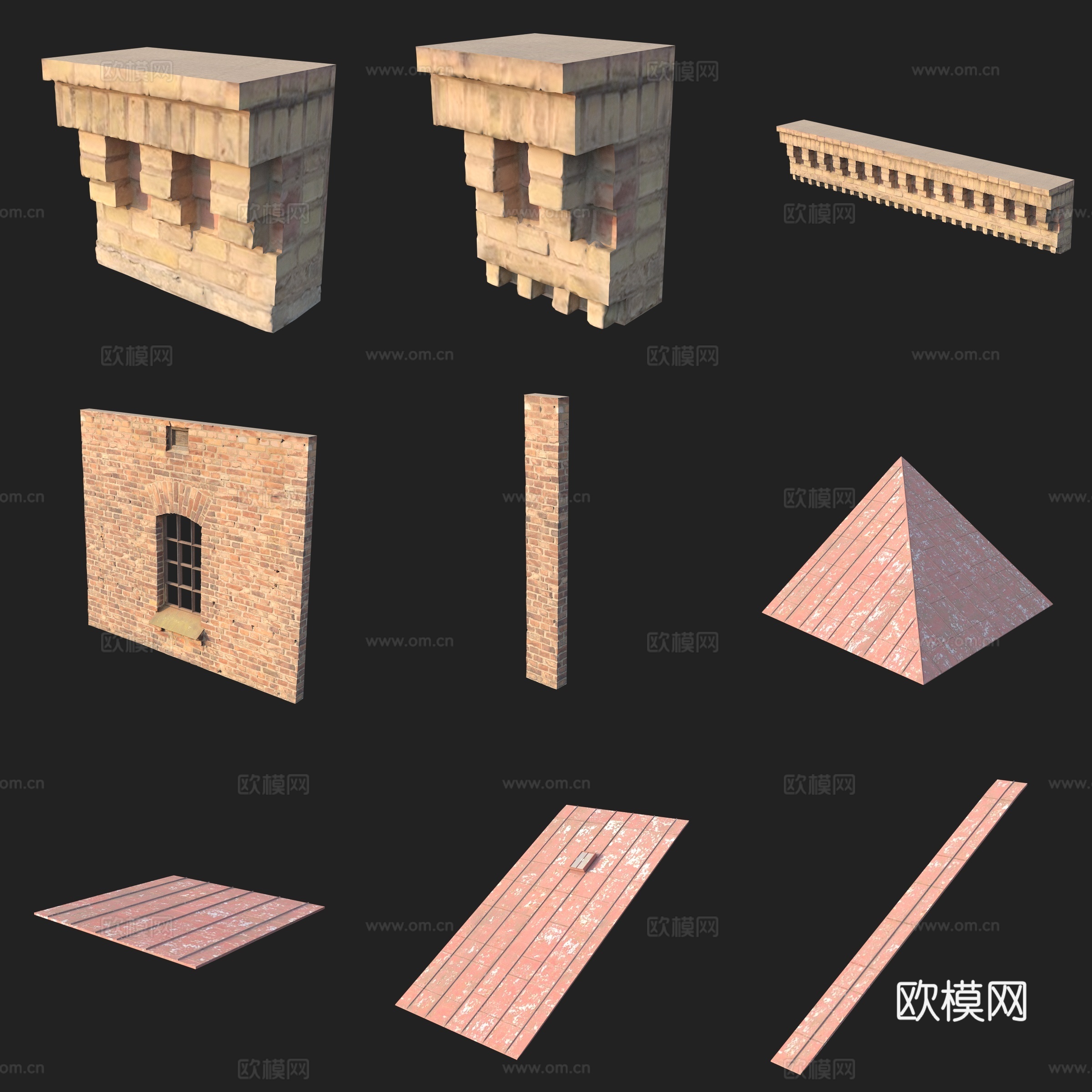 门窗屋顶红砖墙体柱子3d模型