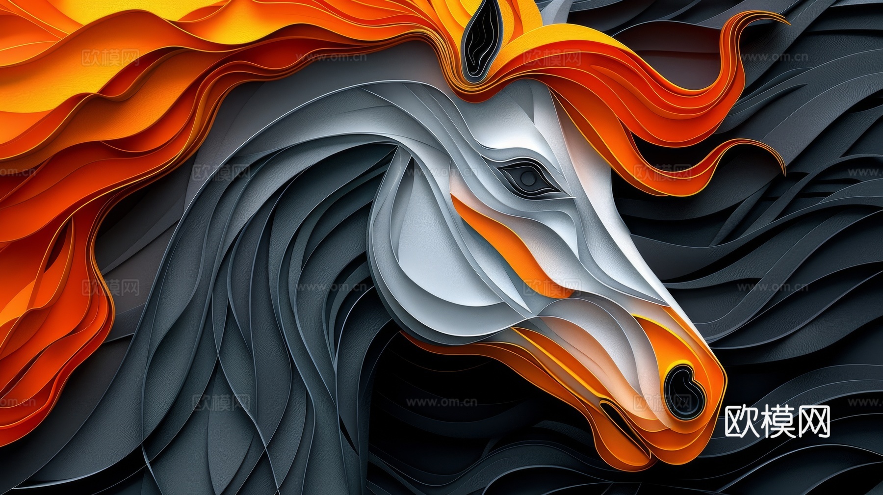 骏马肖像3D立体浮雕背景墙下载（渲染图1）