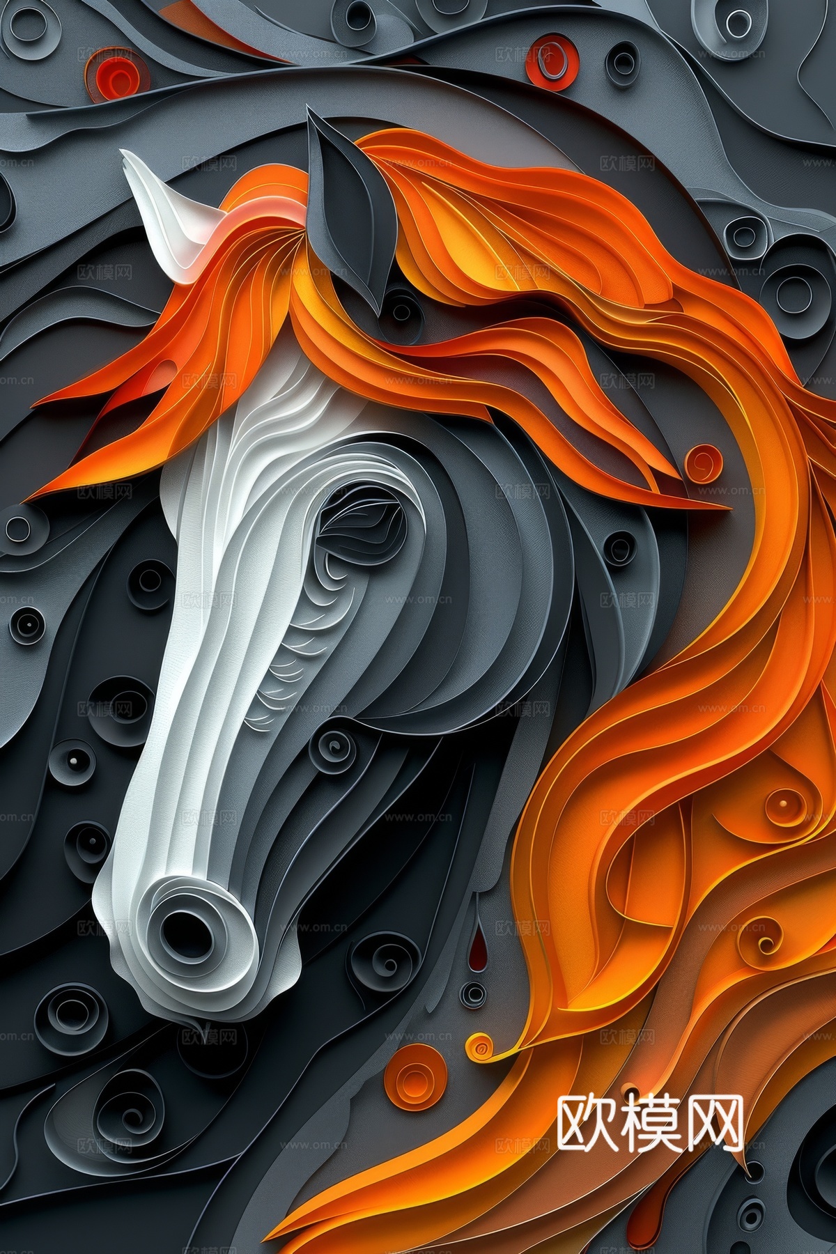 骏马肖像3D立体浮雕背景墙下载（渲染图6）