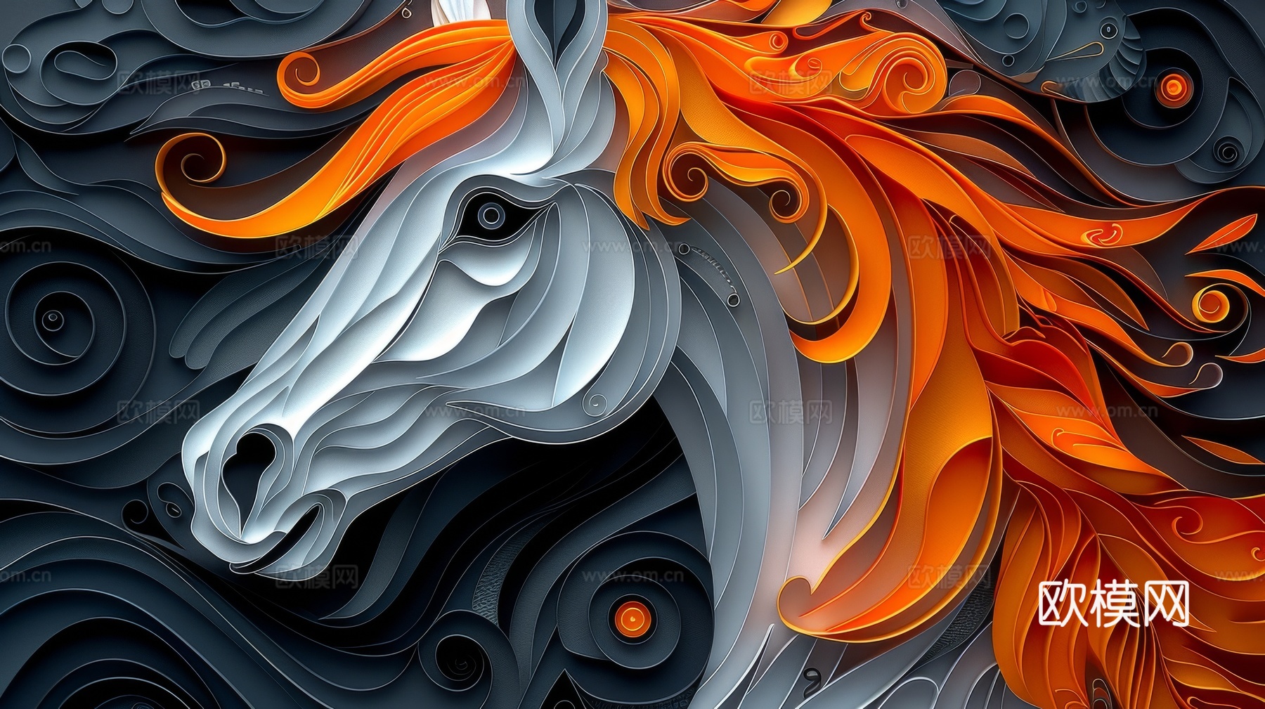 骏马肖像3D立体浮雕背景墙下载（渲染图8）