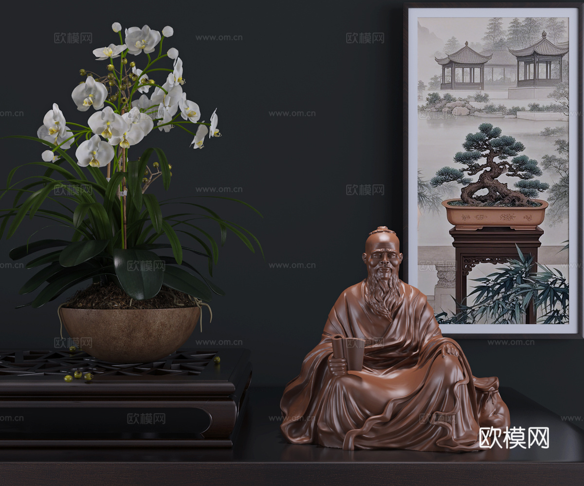 现代新中式孔子坐像雕塑艺术摆件3d模型