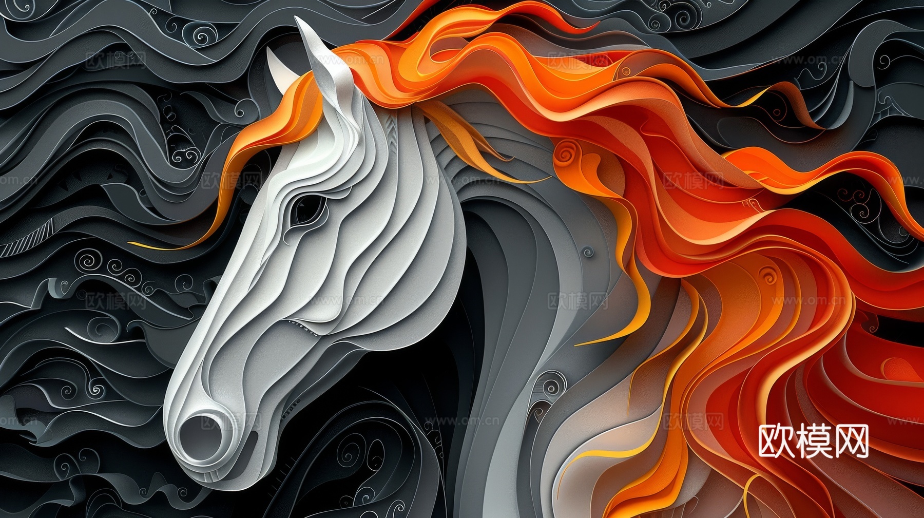 骏马肖像3D立体浮雕背景墙下载（渲染图3）