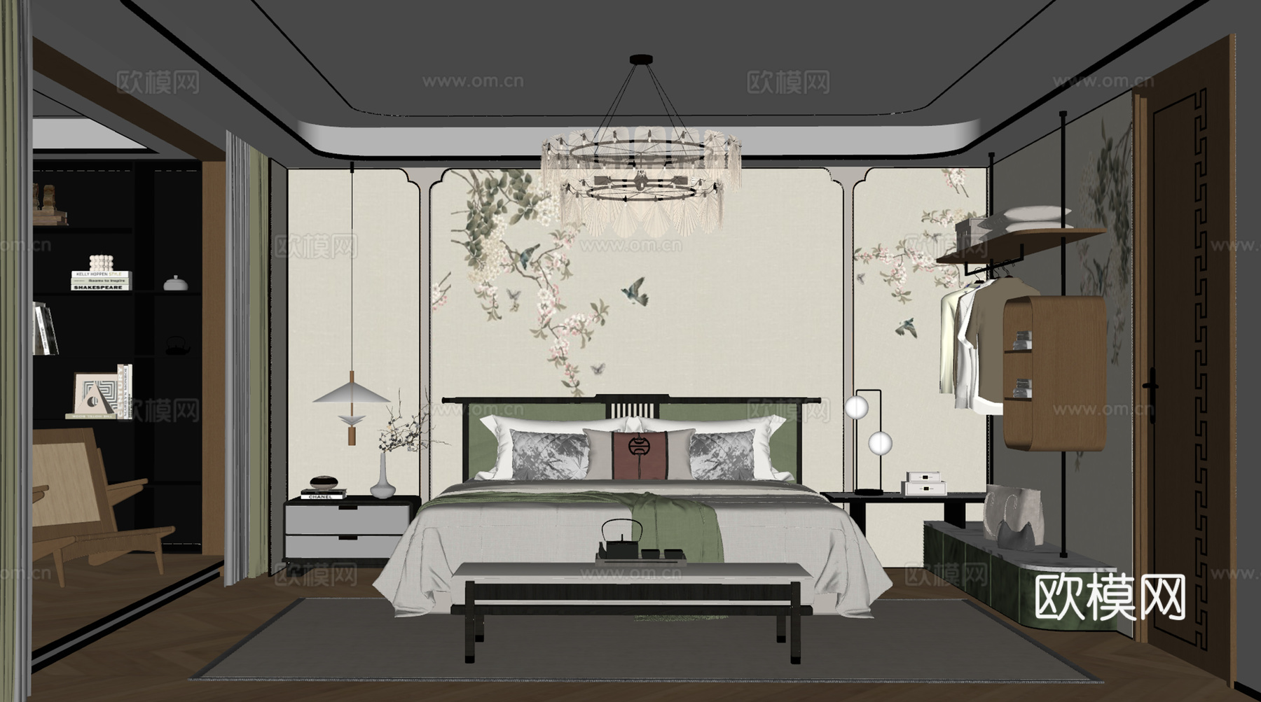 新中式卧室 床品 床头柜 吊灯 单人椅 展示柜 背景墙su模型