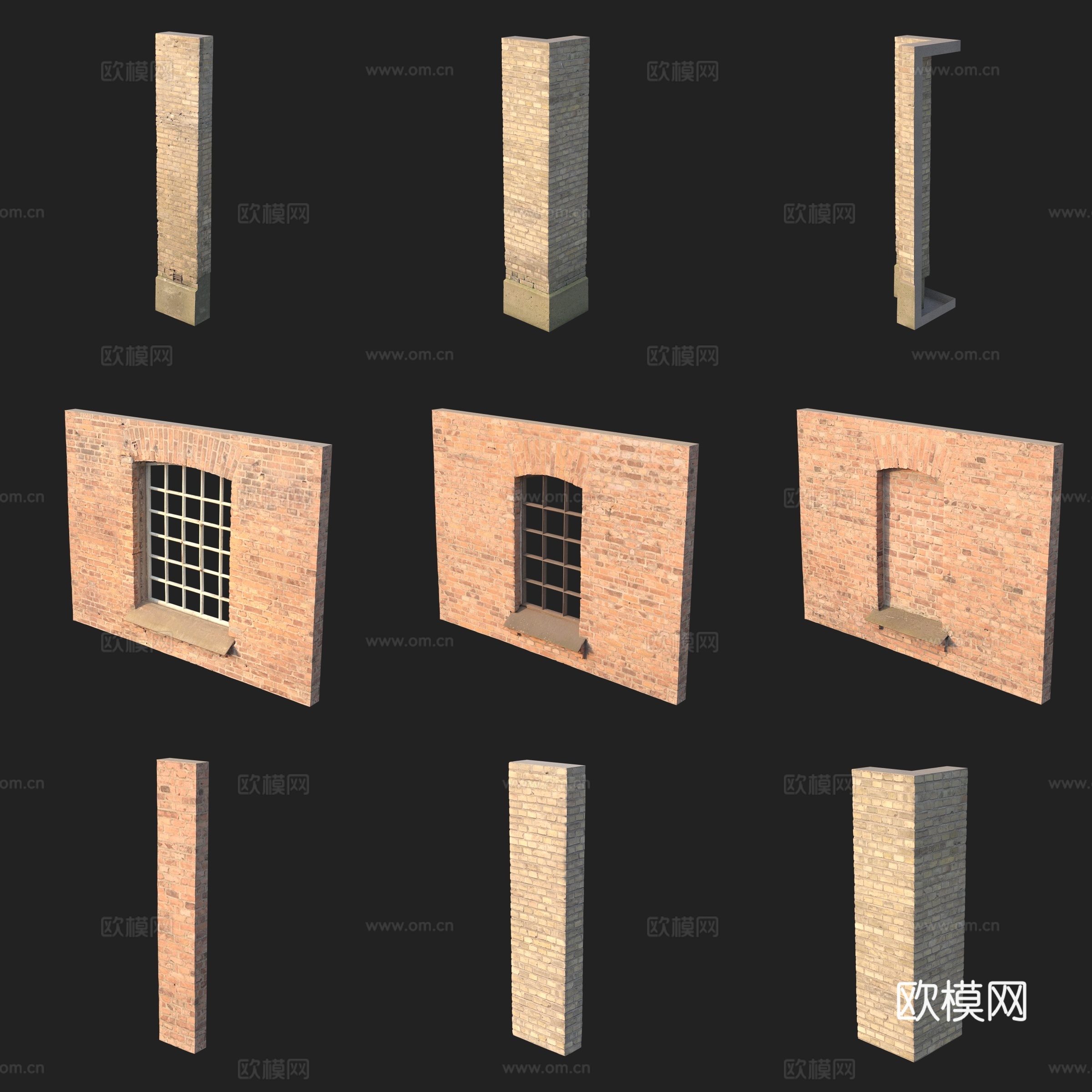 门窗红砖墙体柱子3d模型