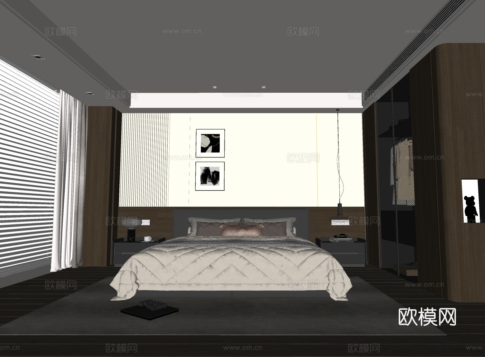 现代简约卧室 皮质双人床 衣柜 吊灯 挂画 主卧su模型