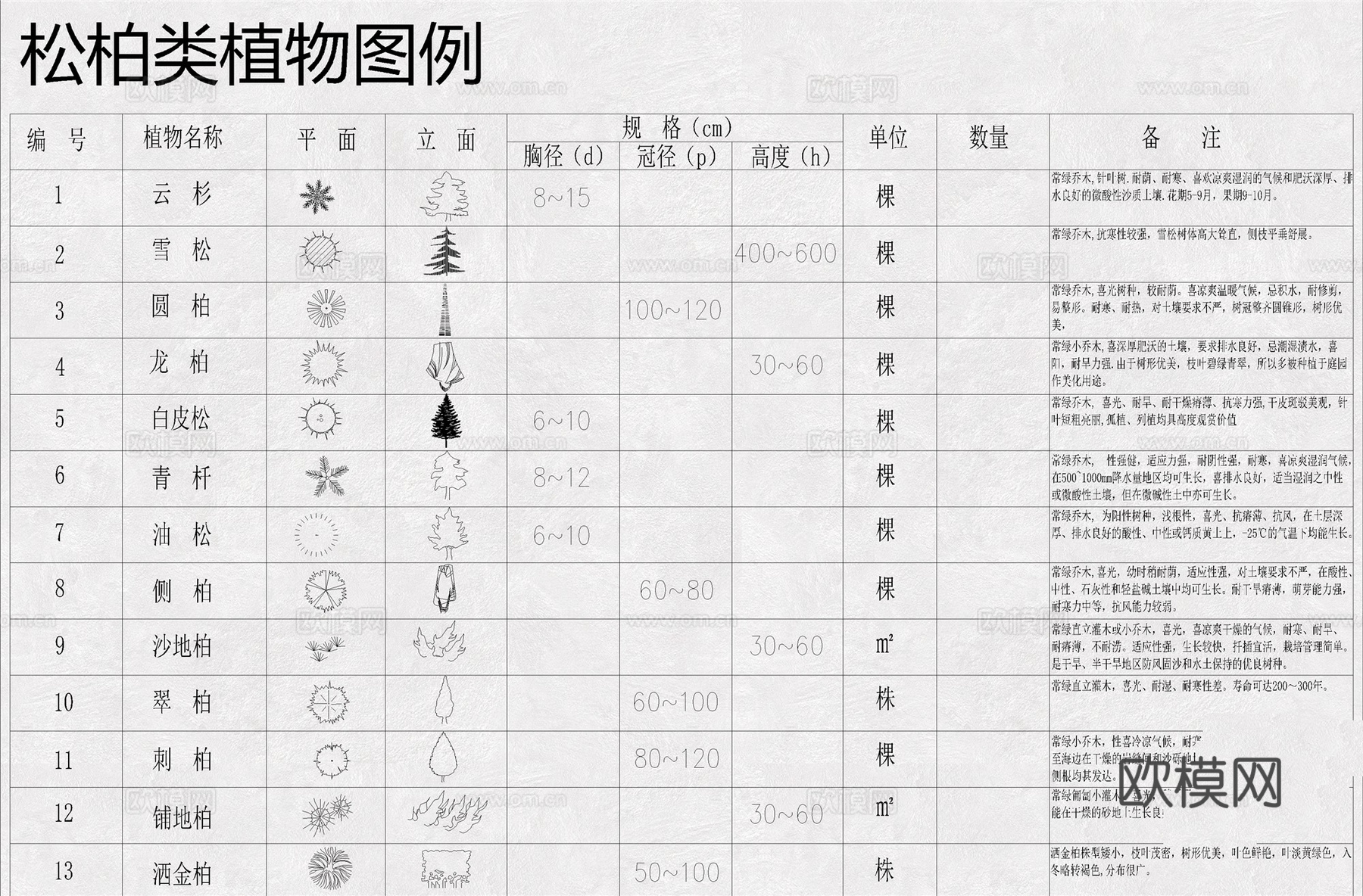 植物图例 苗木表 植物 绿植 树木cad施工图