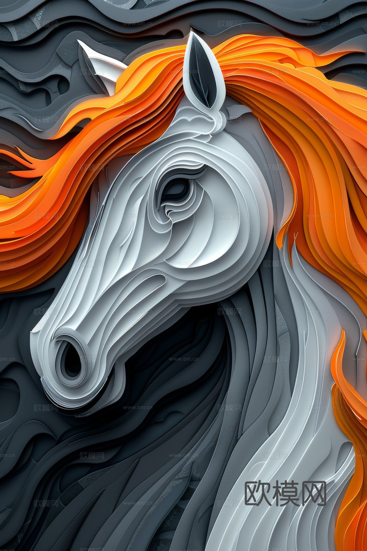 骏马肖像3D立体浮雕背景墙下载（渲染图7）