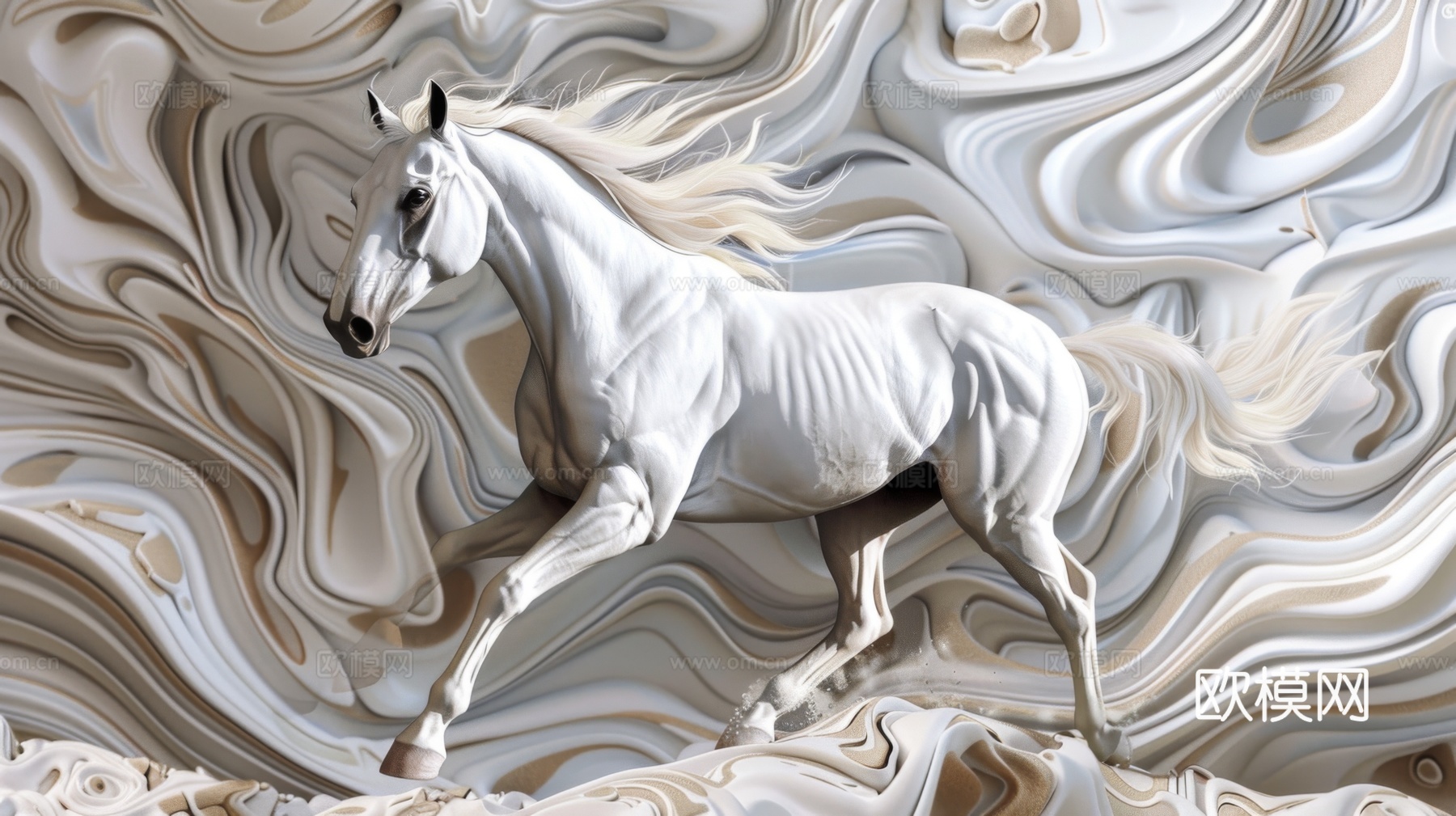 骏马肖像3D立体浮雕背景墙下载（渲染图2）
