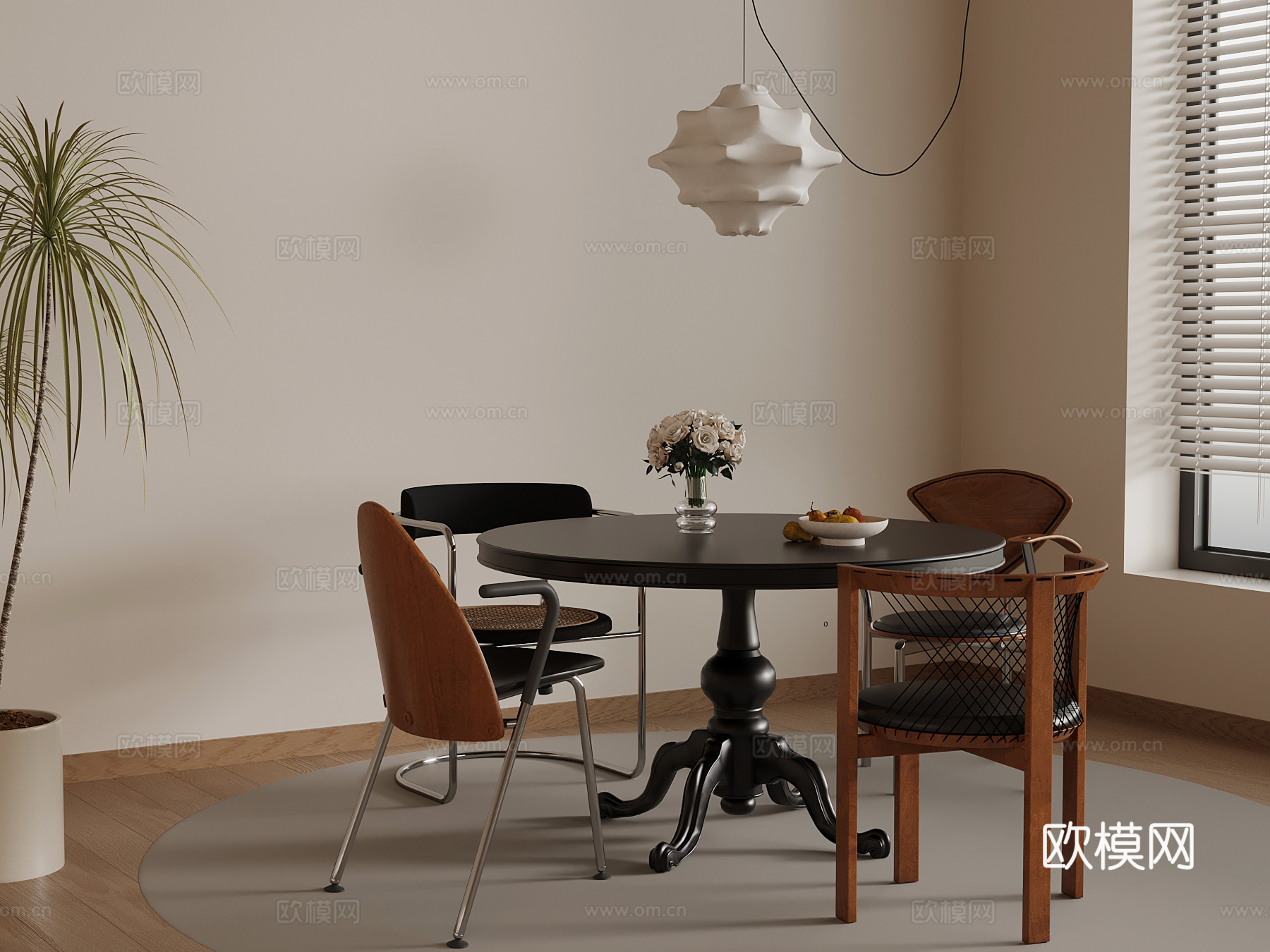 法式餐桌椅 吊灯 绿植3d模型