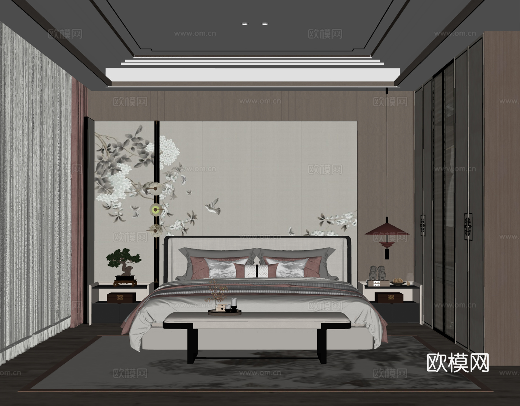 新中式卧室 床品 床头柜 吊灯 背景墙 床尾塌su模型