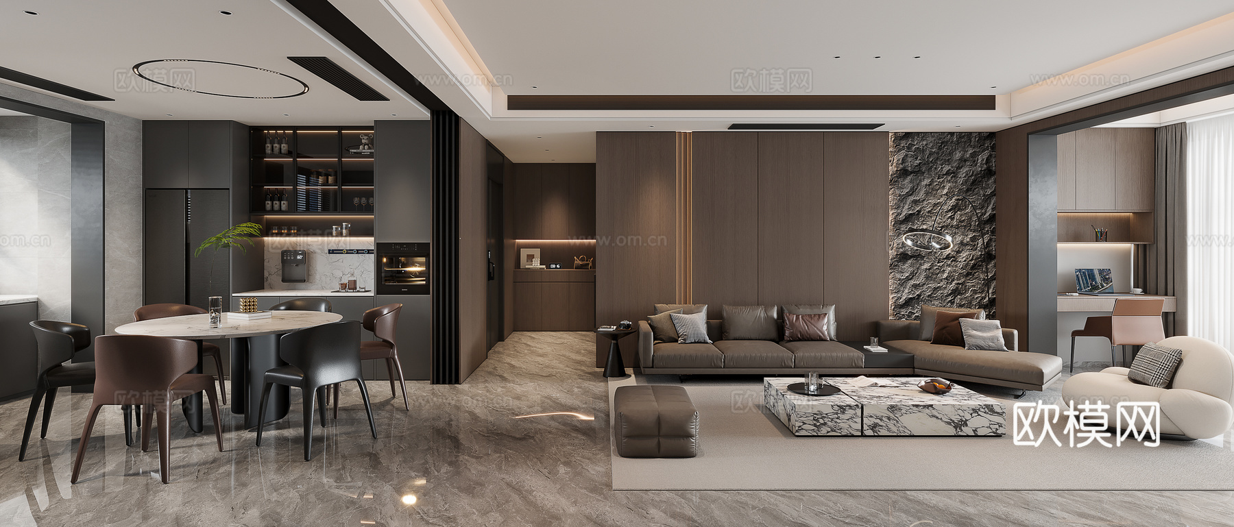 现代意式客厅餐厅3d模型-Pic-1