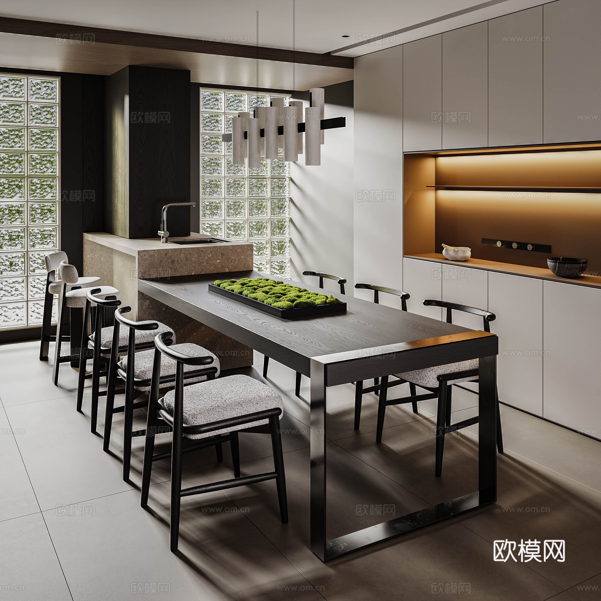 后现代风岛台餐厅  桌椅组合  餐柜 吊灯3d模型