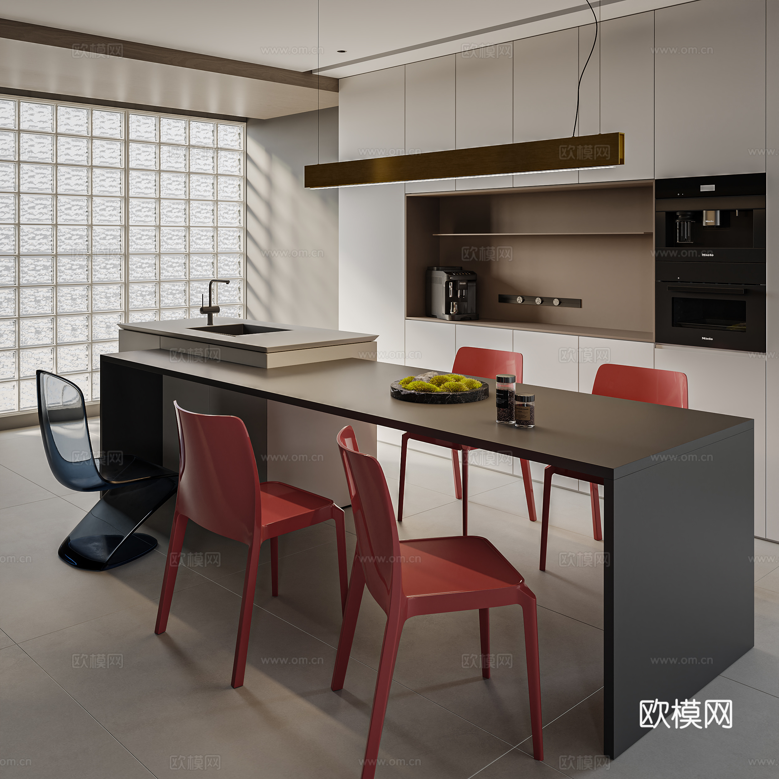 现代岛台餐厅  桌椅组合  餐柜 吊灯3d模型