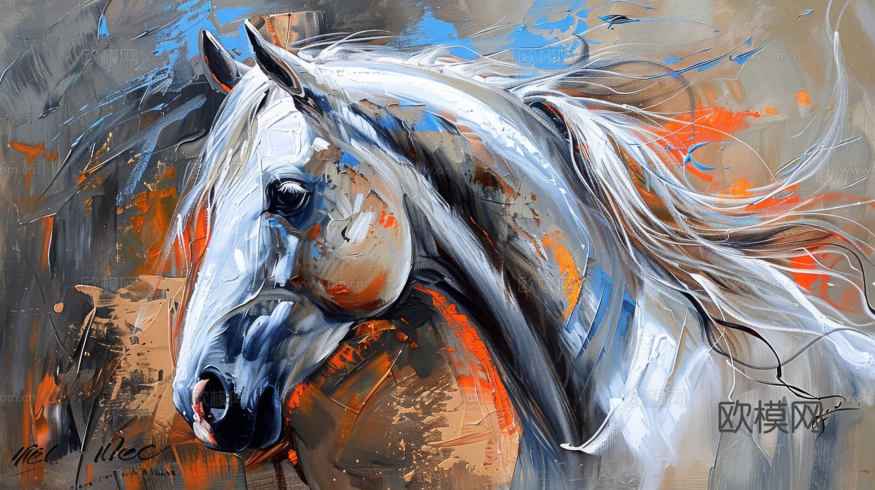 骏马肖像3D立体浮雕背景墙下载（渲染图5）