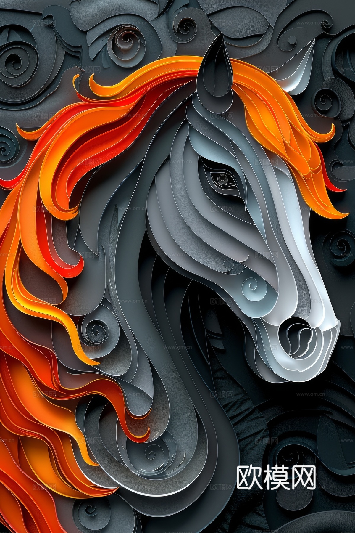 骏马肖像3D立体浮雕背景墙下载（渲染图2）