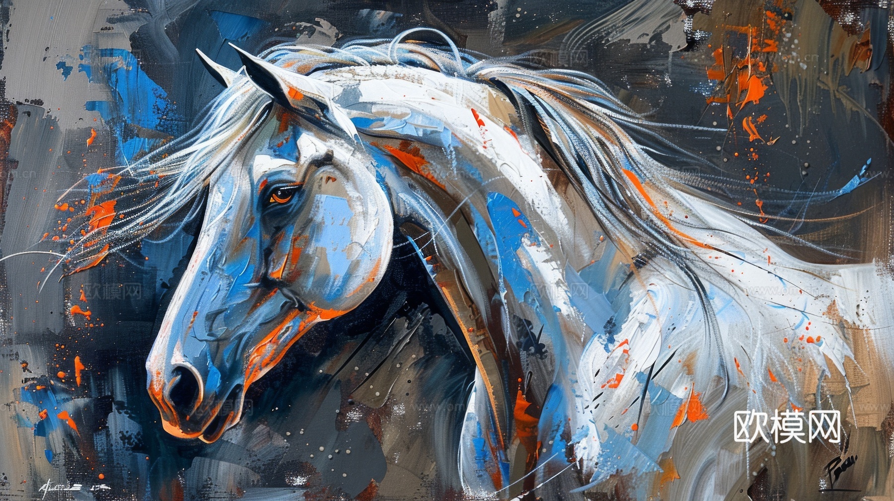 骏马肖像3D立体浮雕背景墙下载（渲染图1）
