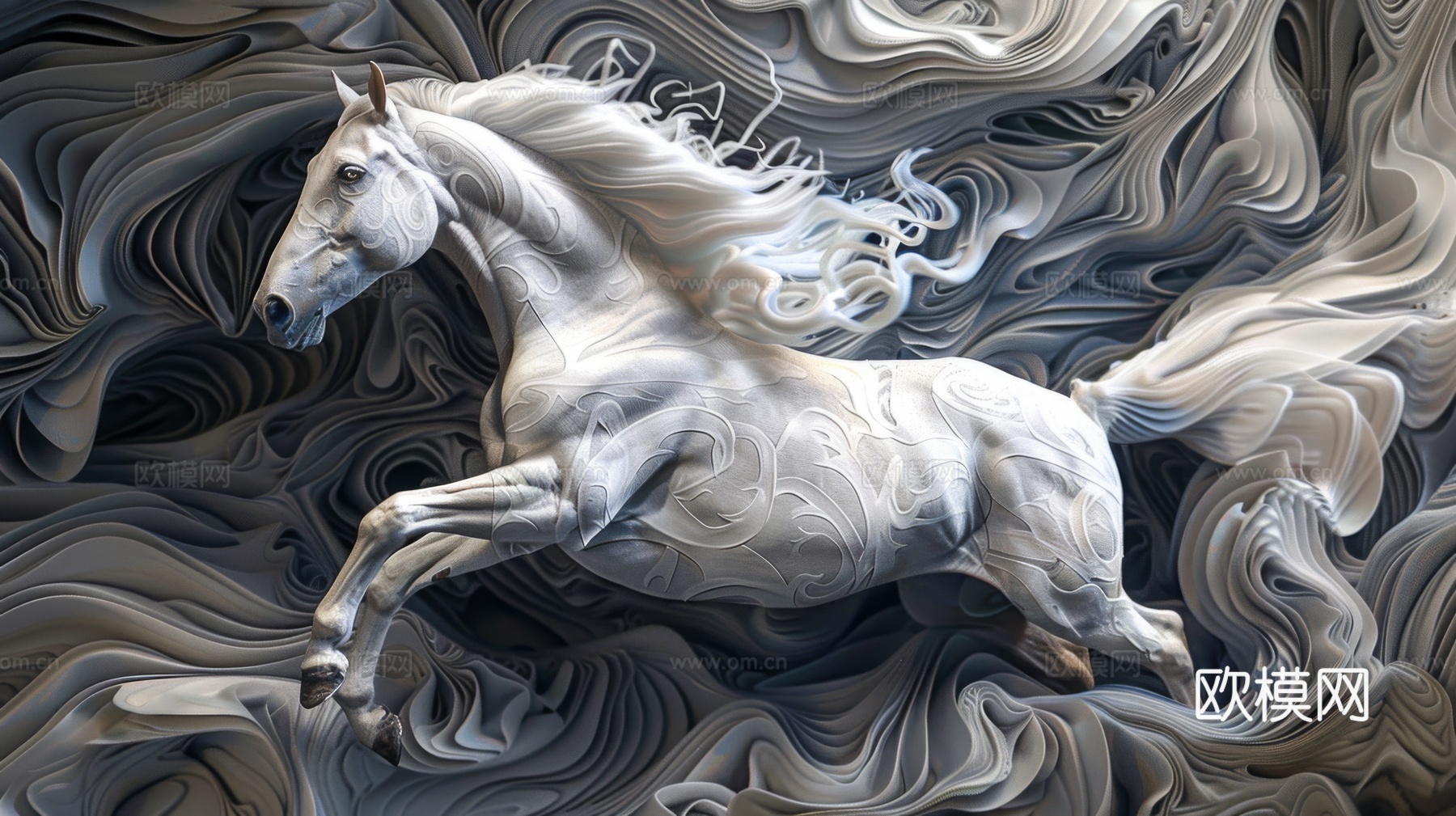 骏马肖像3D立体浮雕背景墙下载（渲染图1）