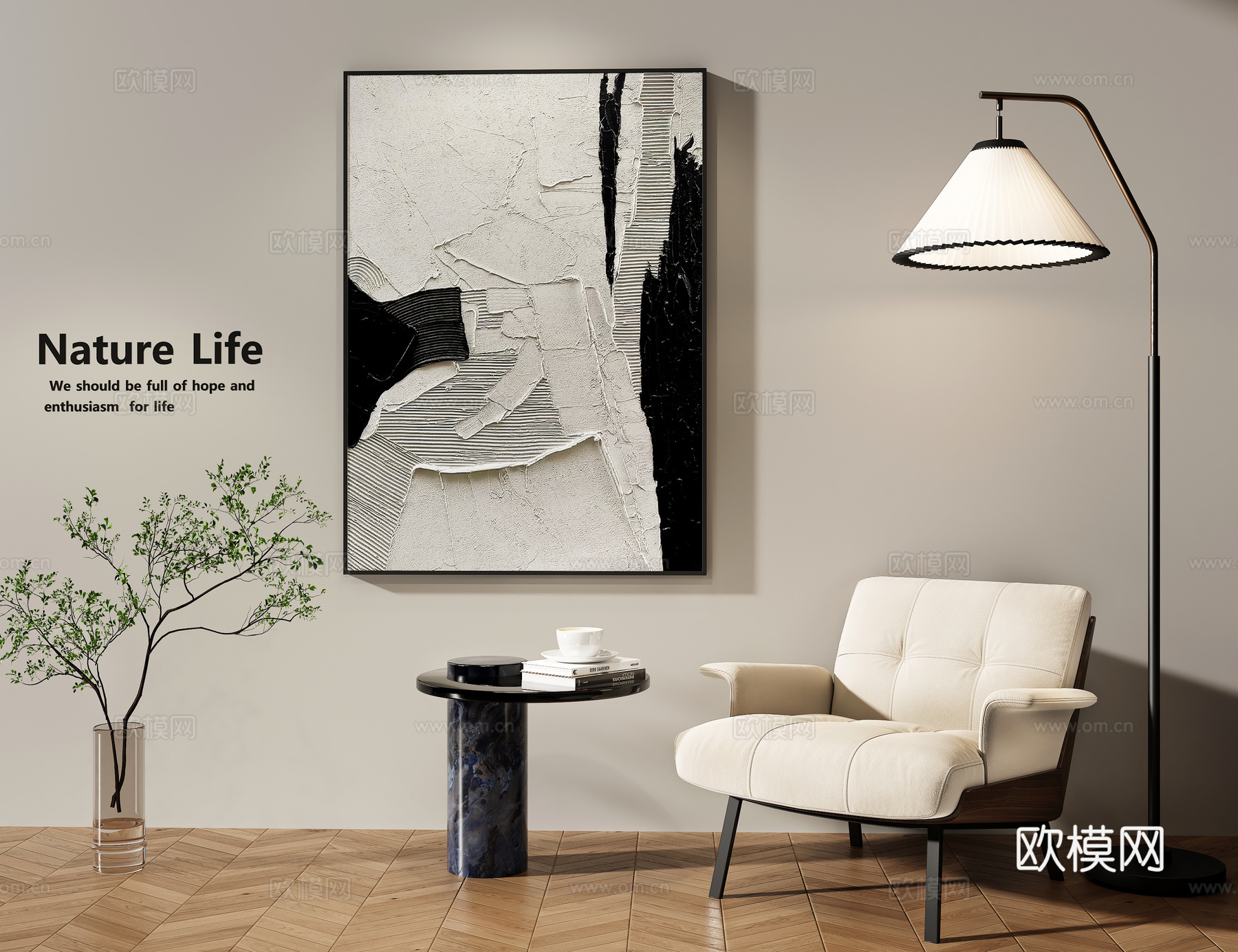 现代侘寂黑白挂画 肌理装饰画 黑白肌理抽象画 休闲沙发3d模型