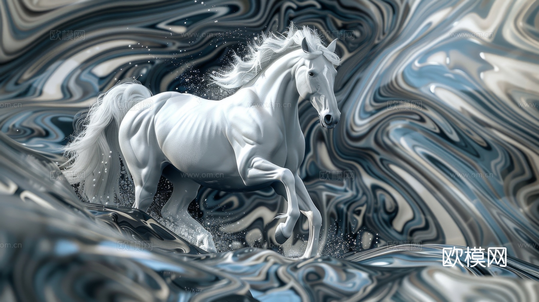 骏马肖像3D立体浮雕背景墙下载（渲染图4）