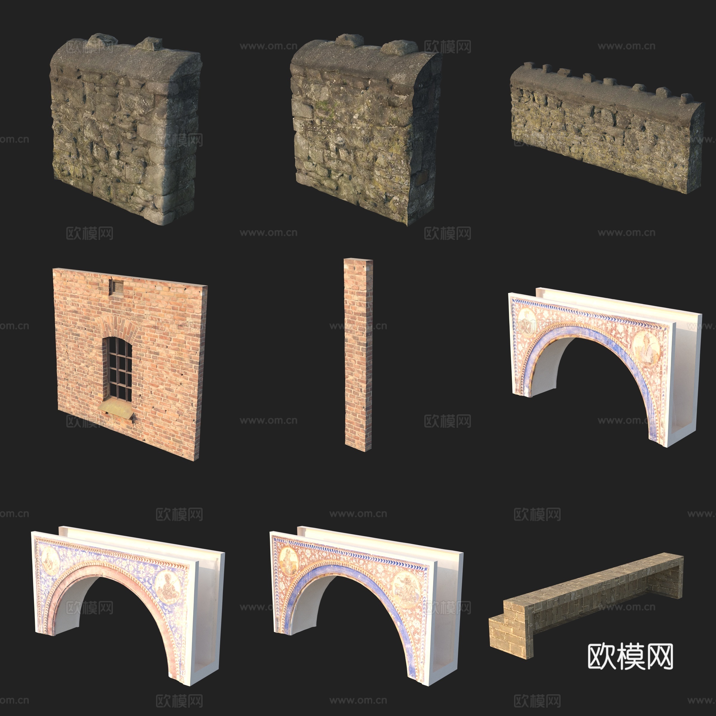 建筑构件拱门门窗墙体柱子石墙3d模型