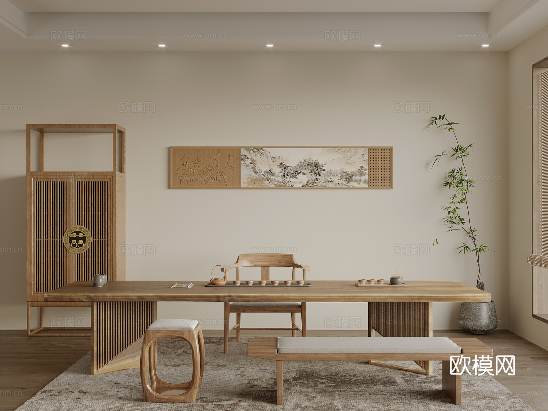 新中式茶室 餐桌椅 绿植3d模型
