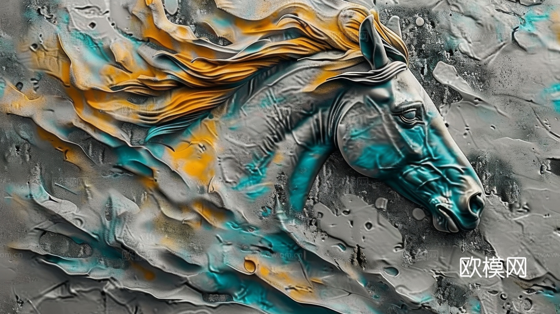 骏马肖像3D立体浮雕背景墙下载（渲染图1）