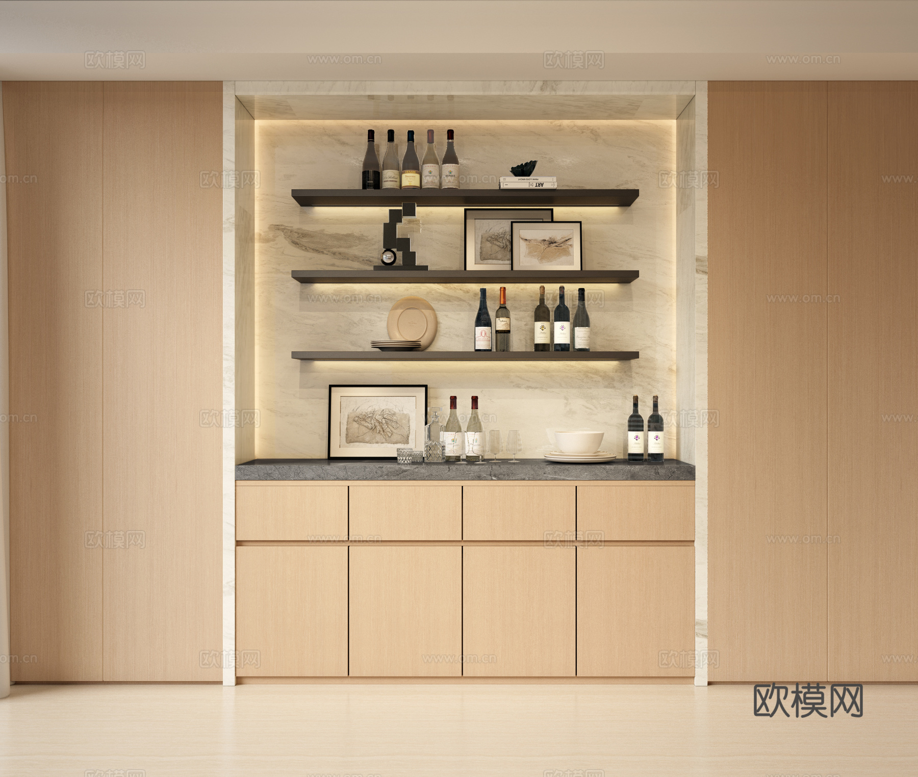 现代餐边柜 酒柜 备餐柜 装饰柜 边柜 饰品摆件 酒具3d模型