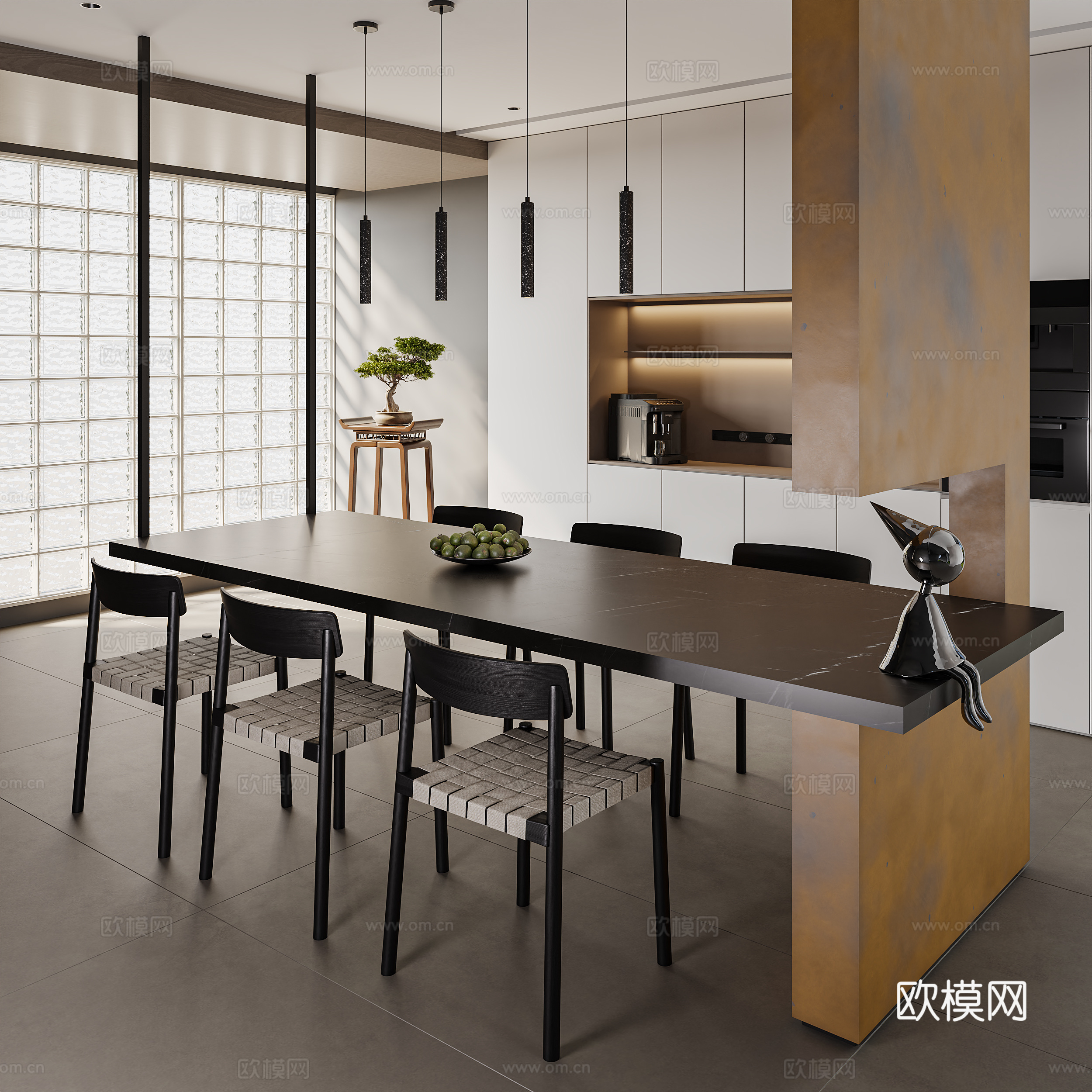 中古风岛台餐厅  桌椅组合  餐柜 吊灯3d模型