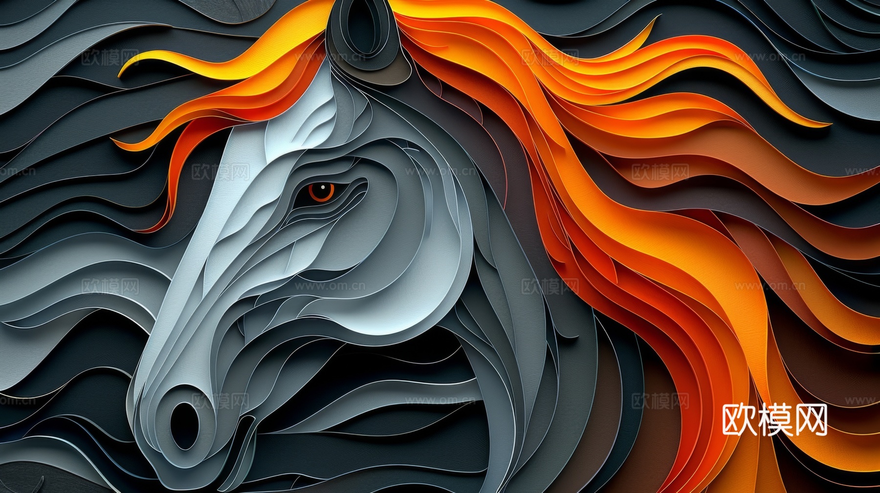 骏马肖像3D立体浮雕背景墙下载（渲染图4）