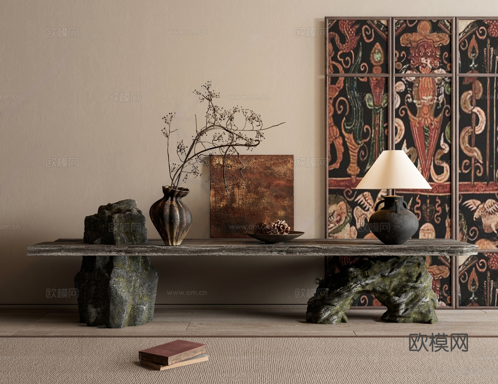 侘寂条案 玄关端景条案 毛石长凳 换鞋凳 屏风饰品 摆件 台3d模型