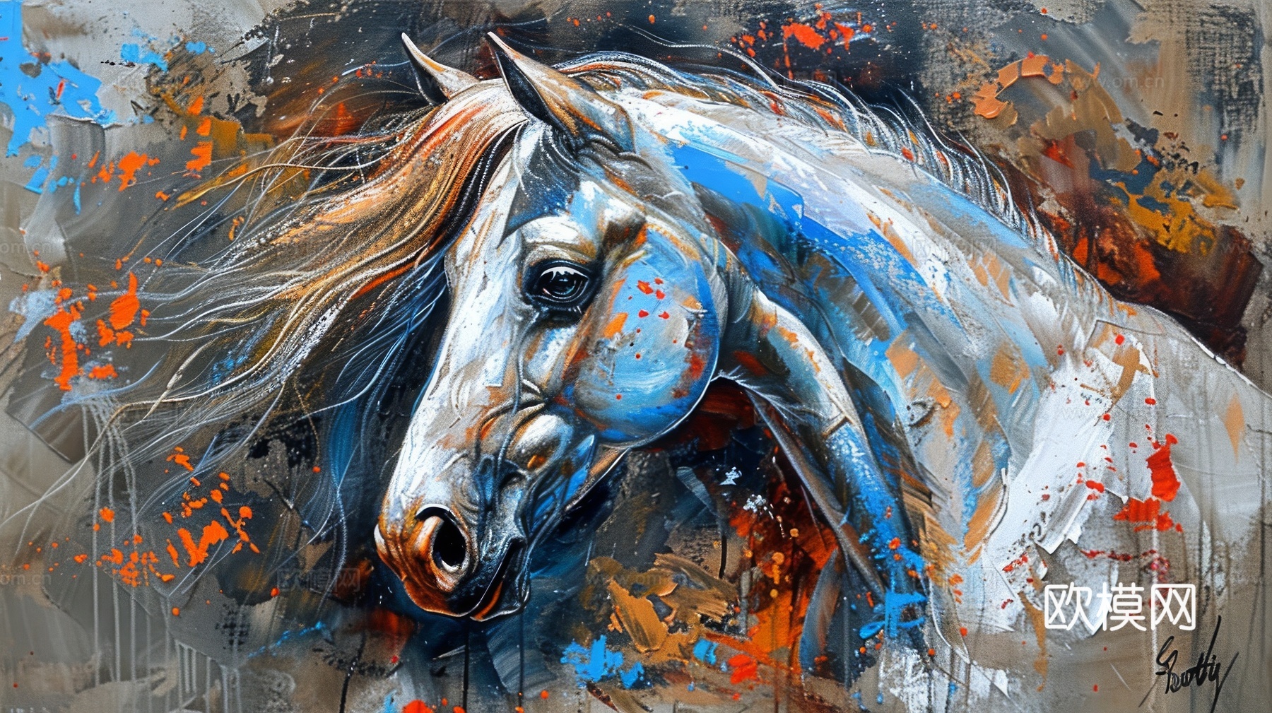 骏马肖像3D立体浮雕背景墙下载（渲染图2）