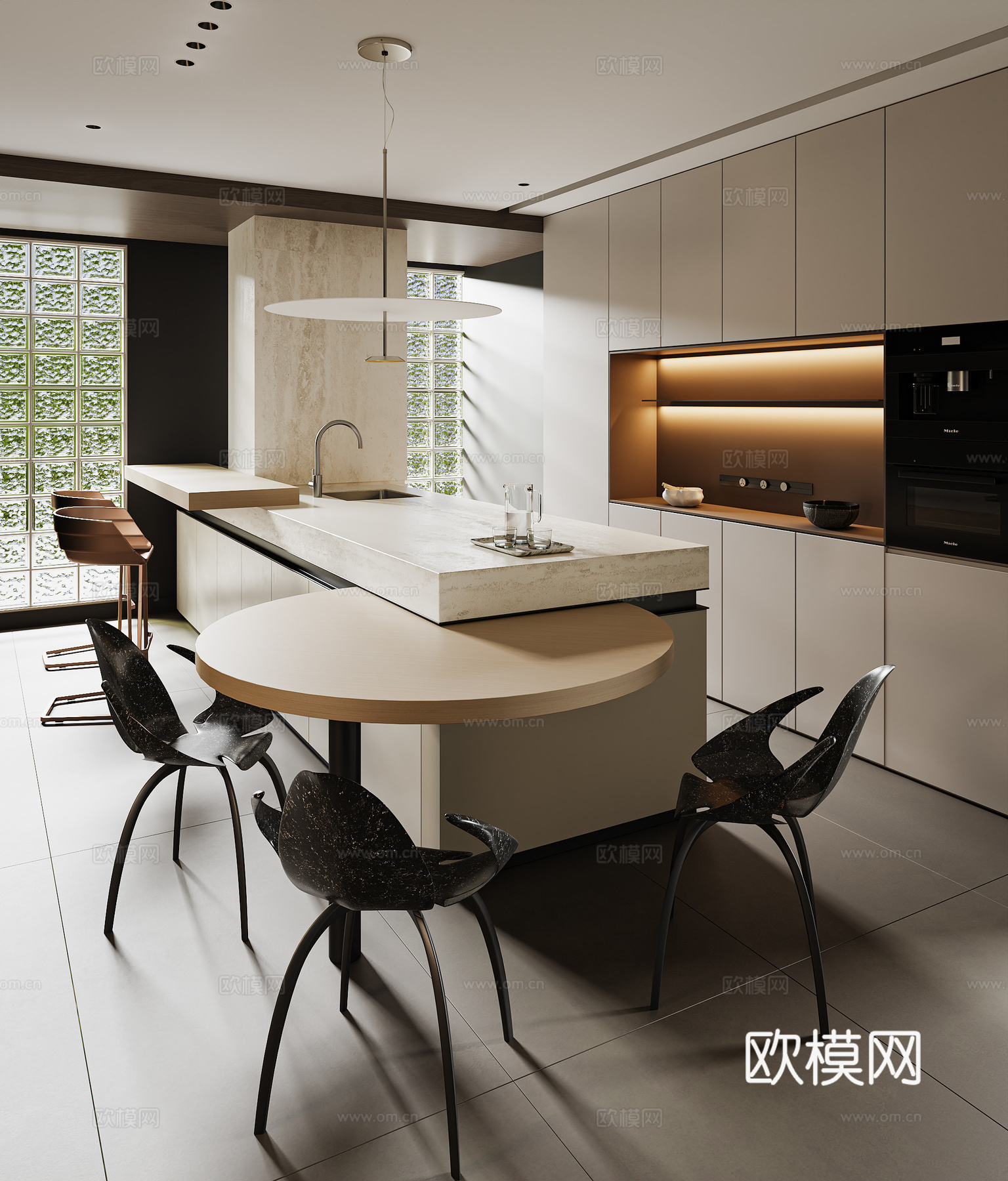 简欧风岛台餐厅  桌椅组合  餐柜 吊灯3d模型
