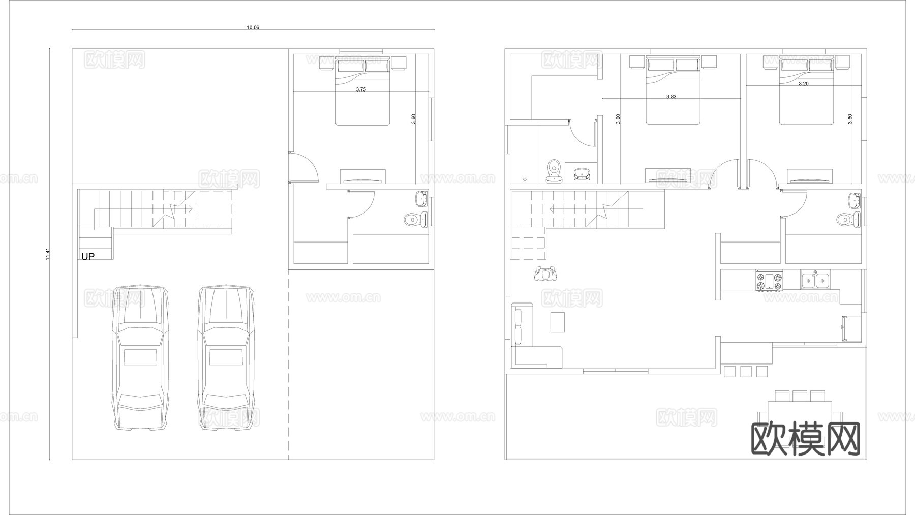 3卧室双车库住宅平面图cad施工图