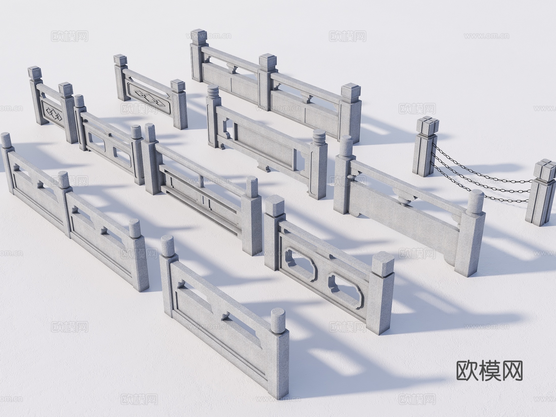 中式石栏杆 桥栏杆 河道栏杆 铁链栏杆 景观栏杆 护栏 围栏3d模型