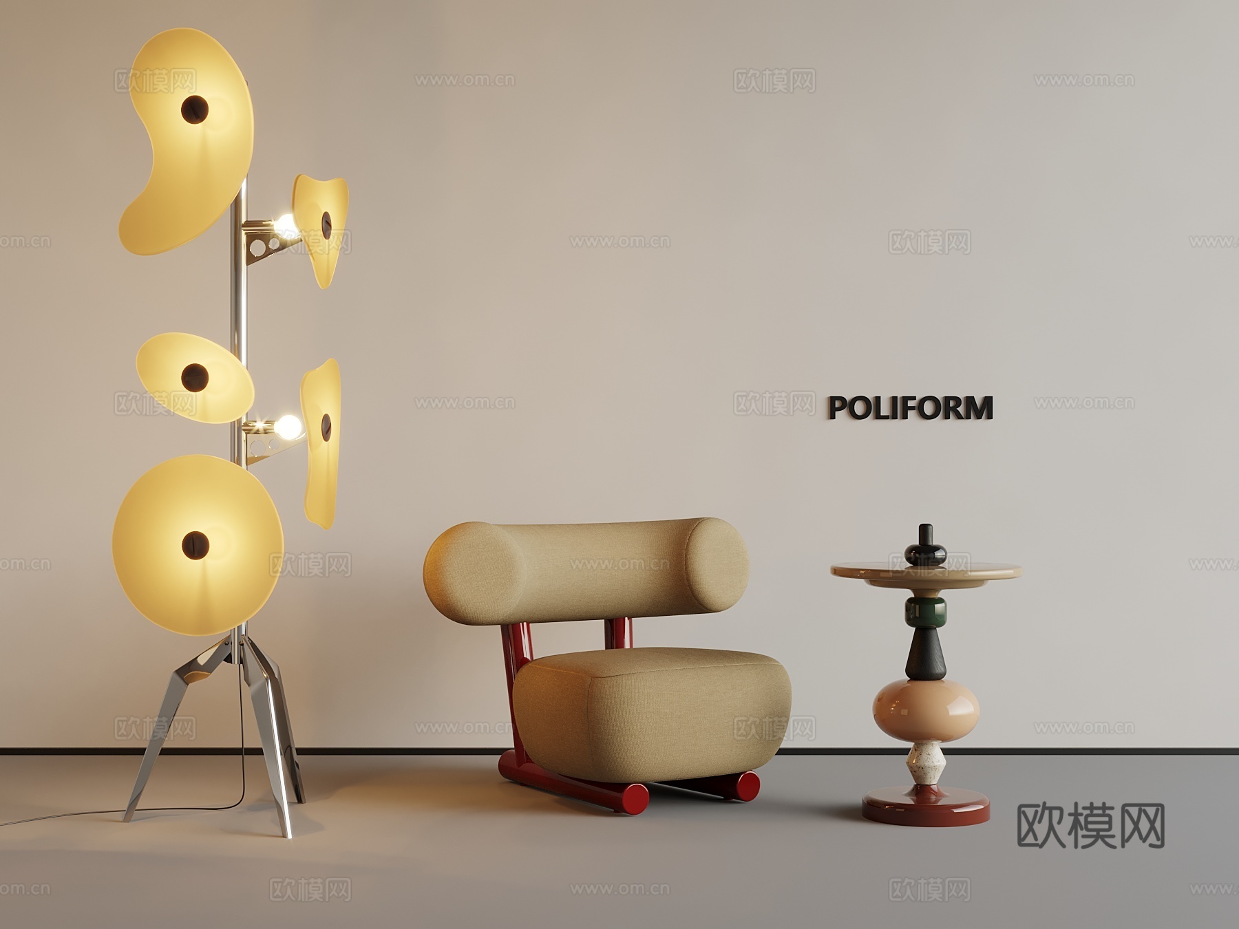 中古风休闲沙发 落地灯su模型下载（渲染图1）