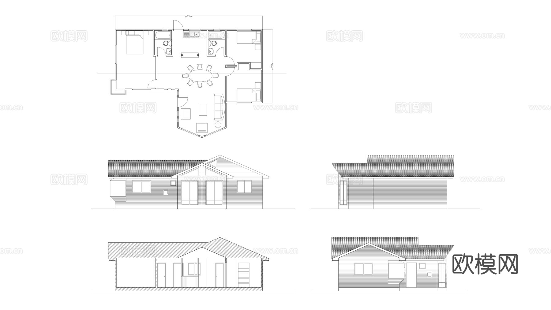 带3间卧室乡村小屋平面图cad施工图