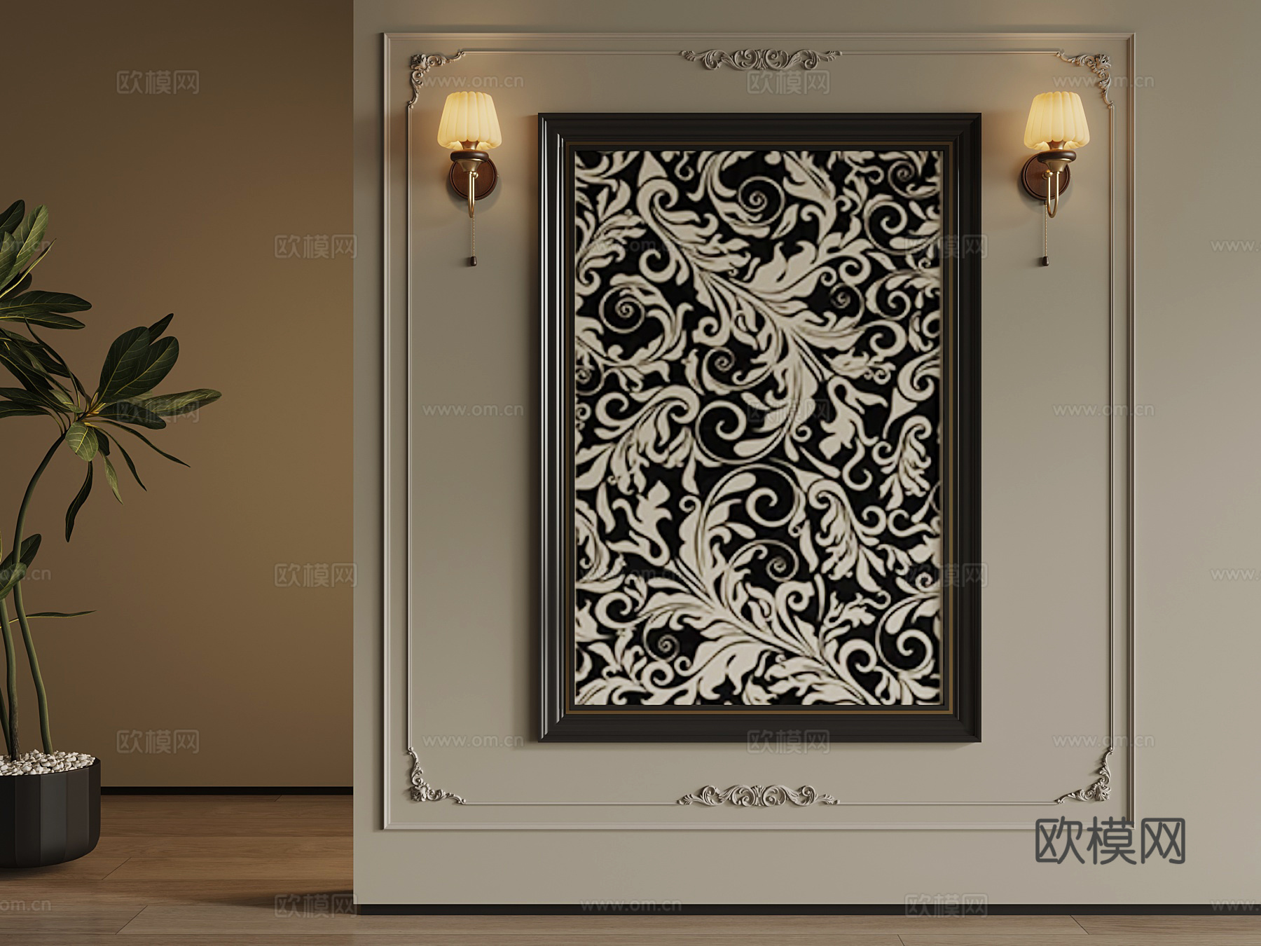 挂画 法式复古风装饰画 壁灯3d模型