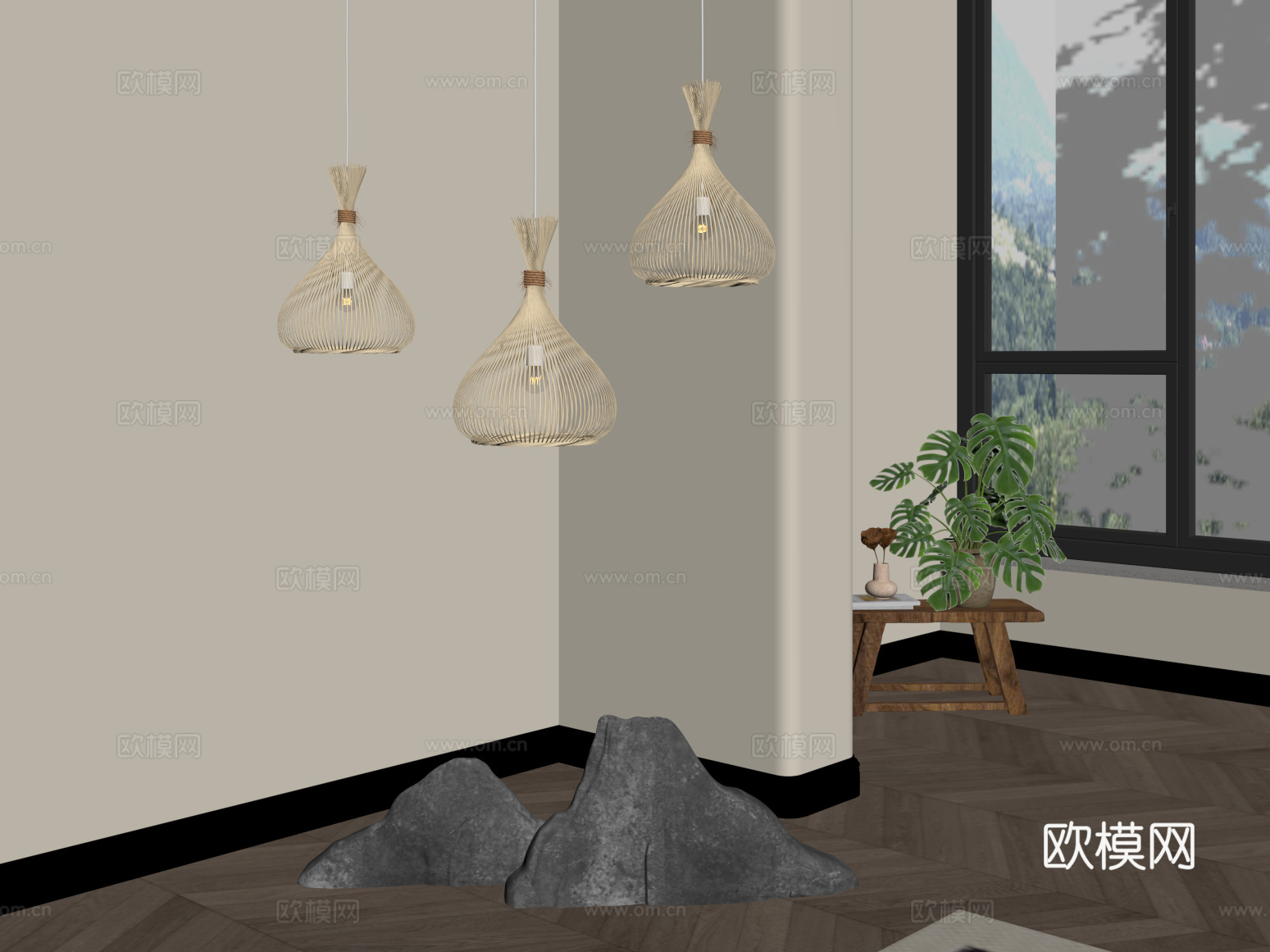 侘寂中古风吊灯 绿植 盆栽盆景 石头su模型