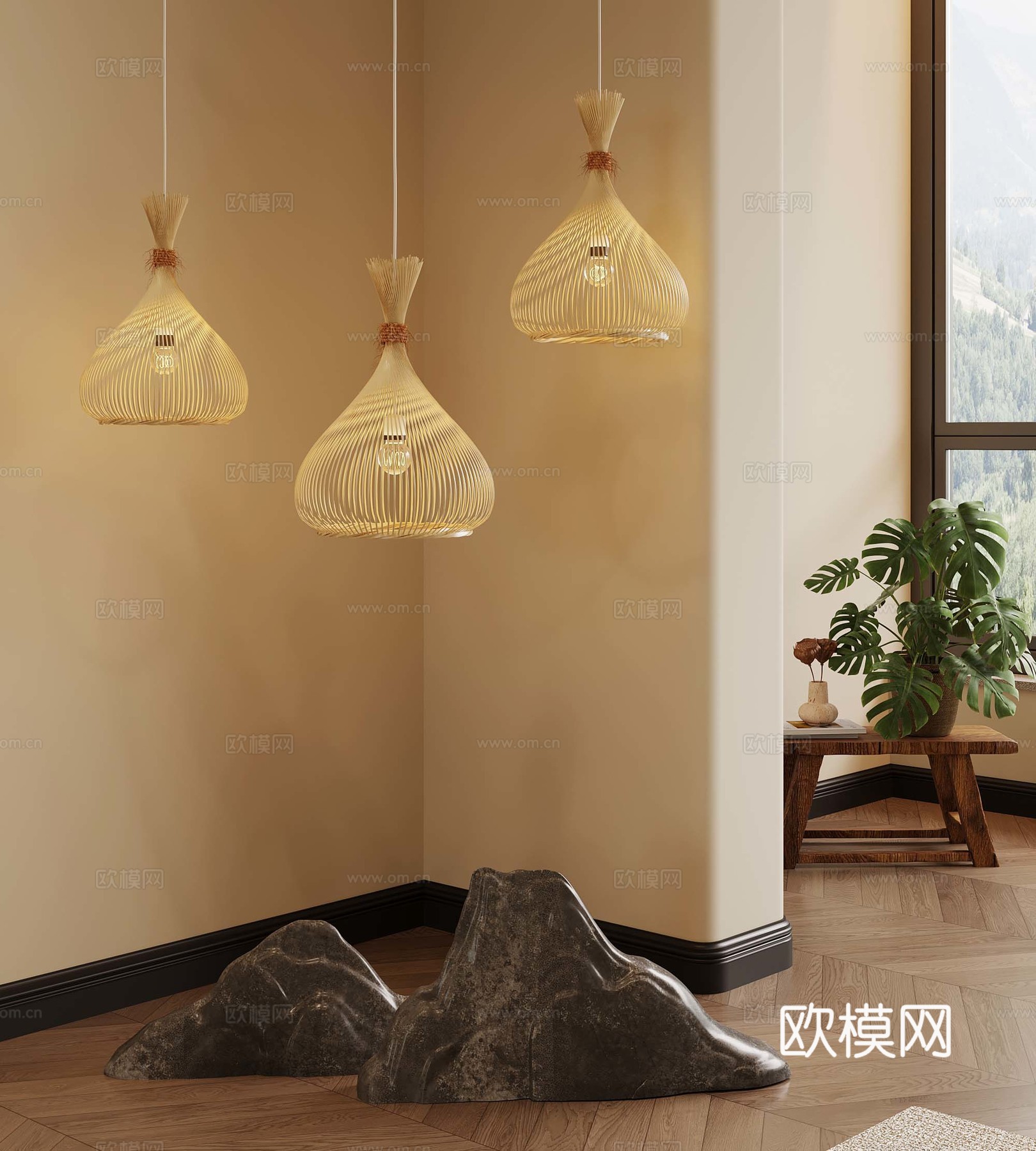 侘寂中古风吊灯 绿植 盆栽盆景 石头3d模型