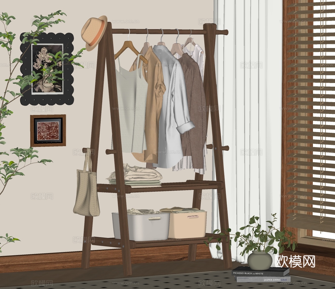 现代挂衣架 衣帽架 落地衣架 移动衣帽架su模型