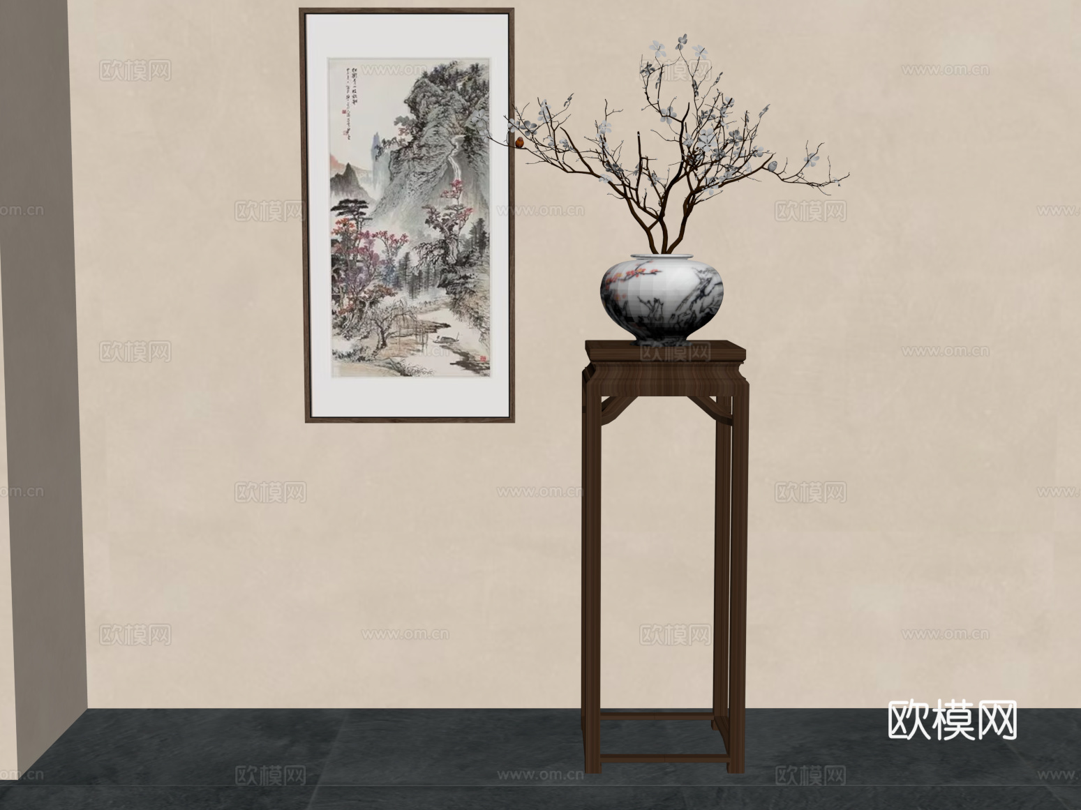 花架 新中式花架 花瓶 装饰画su模型