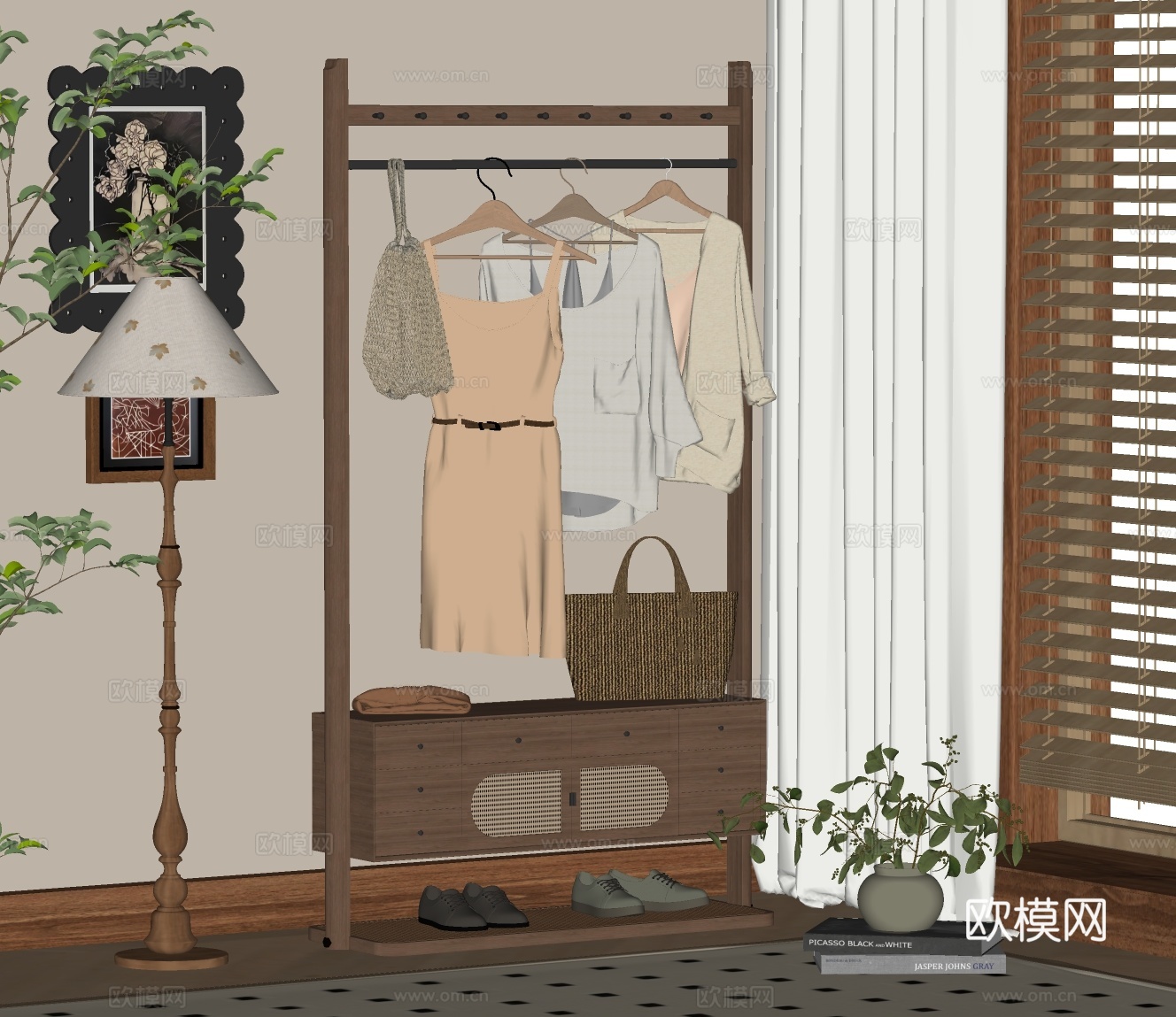 中古风挂衣架 衣帽架 落地衣架 移动衣帽架su模型