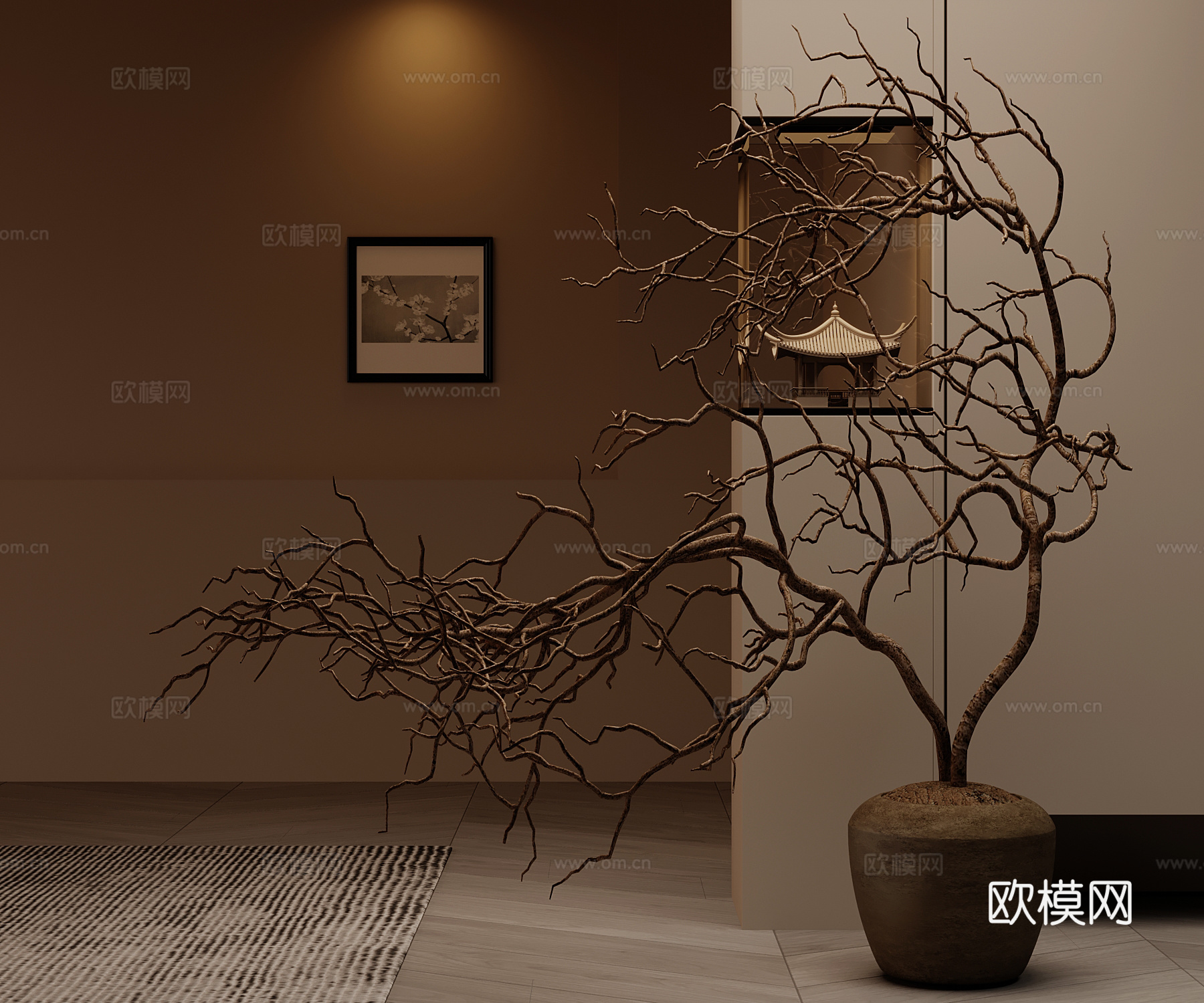 盆栽 新中式室内花瓶 枯枝摆件 装饰画3d模型