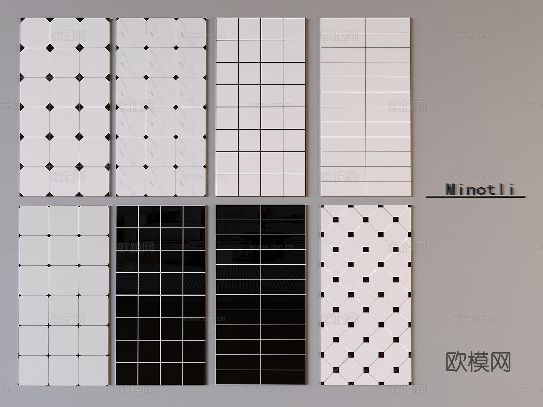 法式中古地砖花砖 仿古砖拼花复古砖 北欧黑白花砖瓷砖3d模型