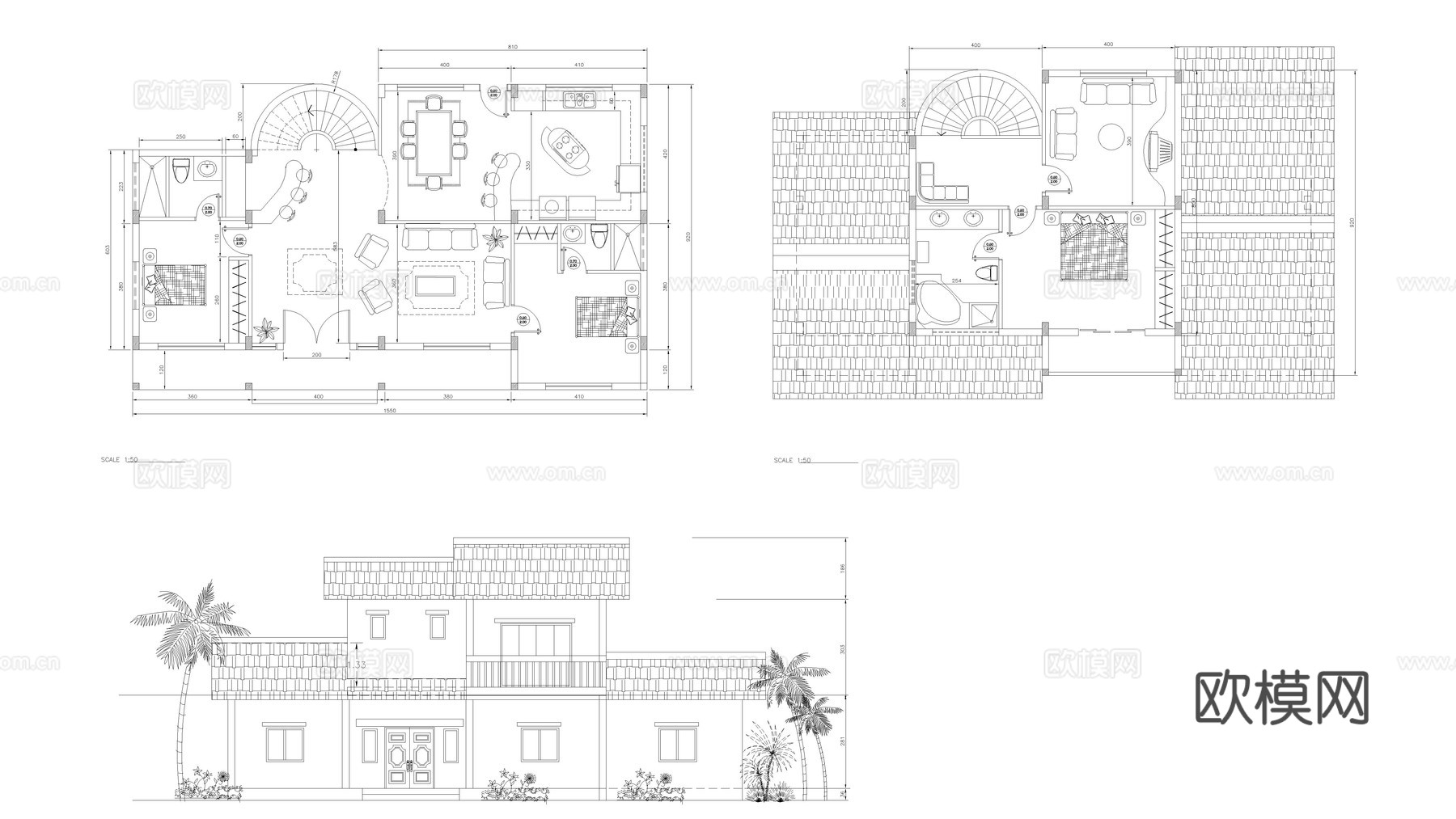 带螺旋楼梯的房子建筑图纸cad施工图