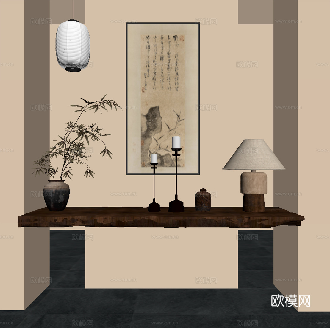 新中式玄关 装饰摆件 装饰挂 吊灯su模型